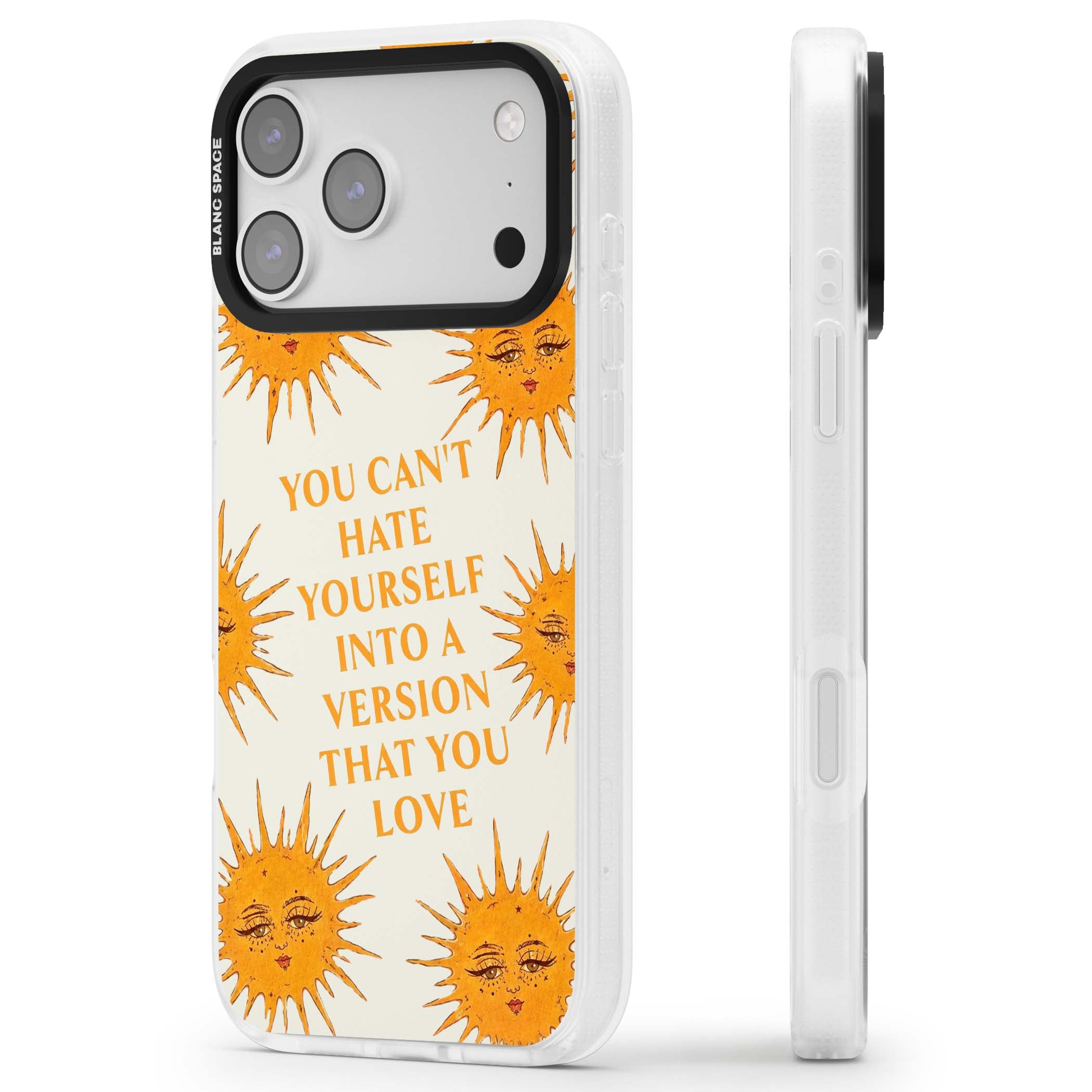 Don't Hate Yourself celestial iPhone case featuring vintage sun faces, ochre rays and a self-love quote | Clear Case Impact Air case for iPhone 17 Pro, iPhone 17 Pro Max