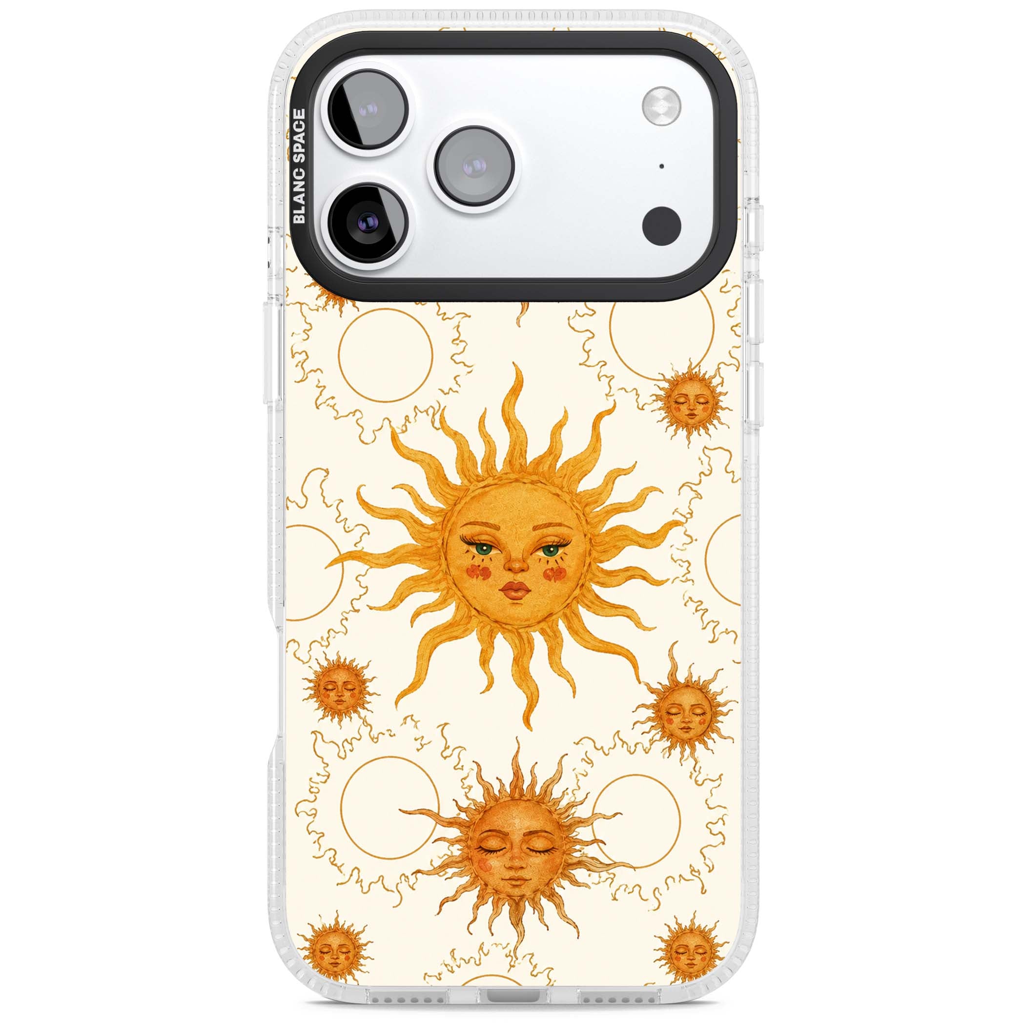 Solstice Muse celestial iPhone case featuring hand-painted golden sun faces, closed-eye sun goddesses and outlined moons... | Clear Case Impact Air case for iPhone 17 Pro, iPhone 17 Pro Max