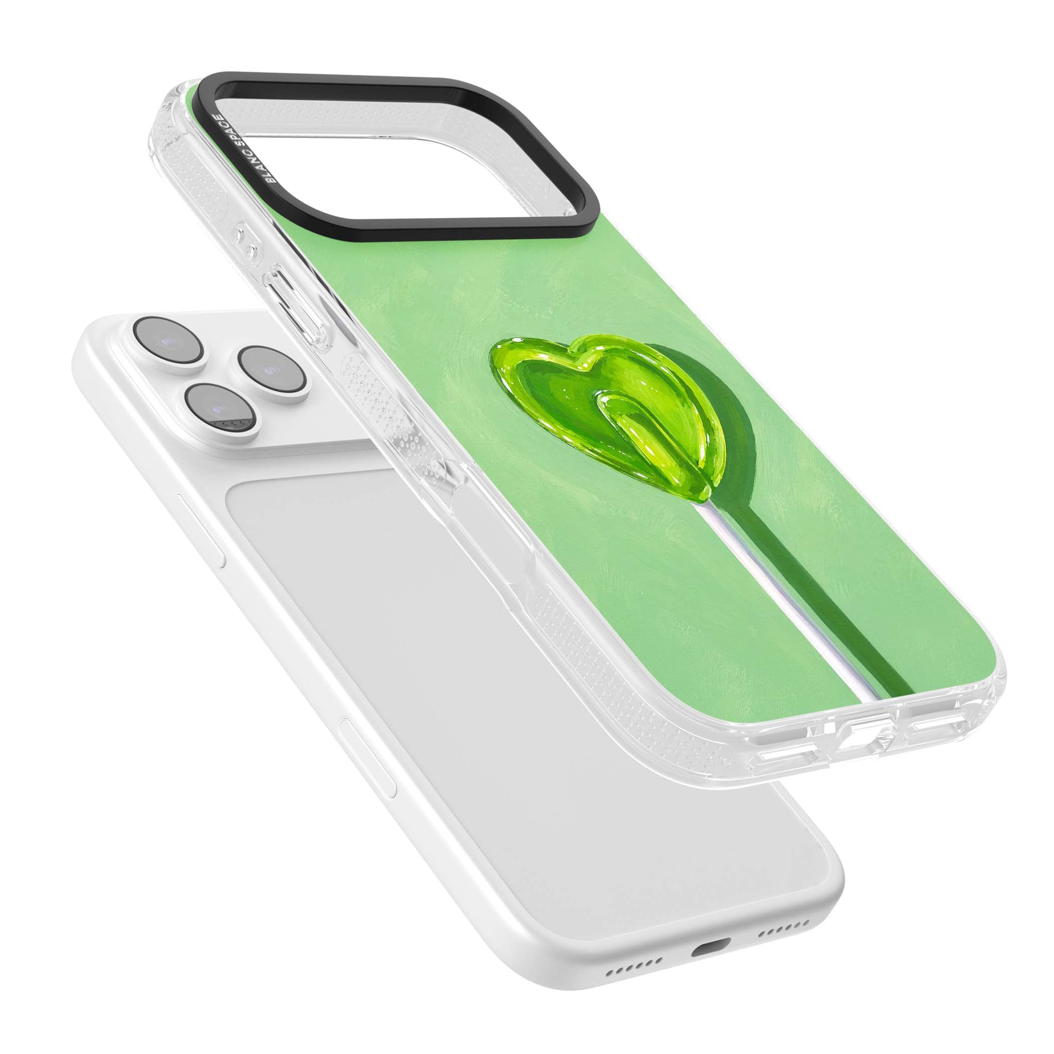 Green Lollipop candy art iPhone case featuring a glossy green heart-shaped lollipop on a painted pastel green background | Clear Case Impact Air case for iPhone 17 Pro, iPhone 17 Pro Max