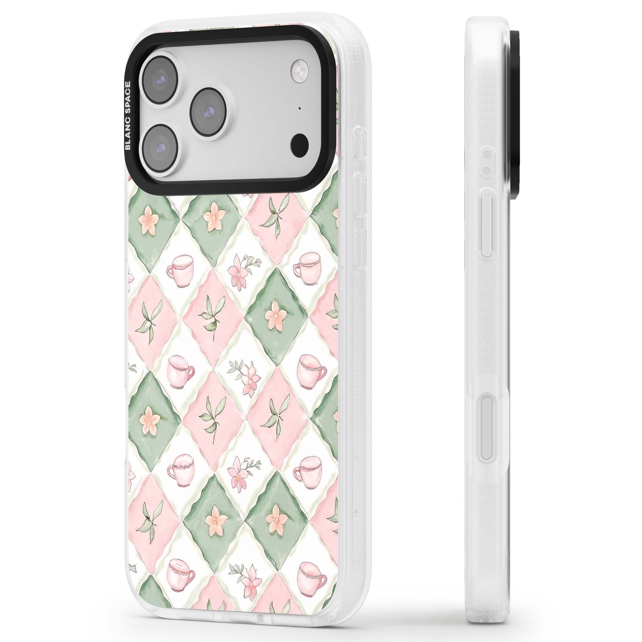 Garden Tea Party coquette iPhone case with pink and green checkered pattern, watercolour teacups and wildflowers | Clear Case Impact Air case for iPhone 17 Pro, iPhone 17 Pro Max