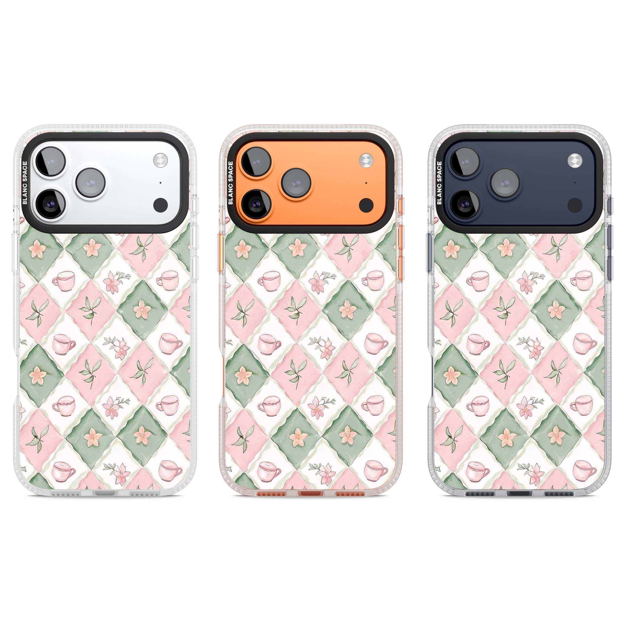 Garden Tea Party coquette iPhone case with pink and green checkered pattern, watercolour teacups and wildflowers | Clear Case Impact Air case for iPhone 17 Pro, iPhone 17 Pro Max