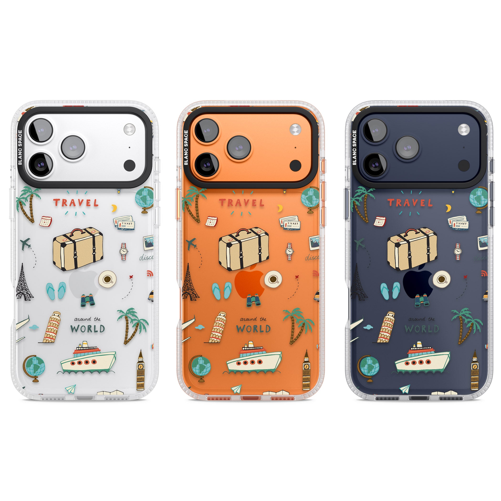 Cute Travel Pattern Transparent iPhone 17 Pro Impact Air Clear Phone Case APT Impact Protection