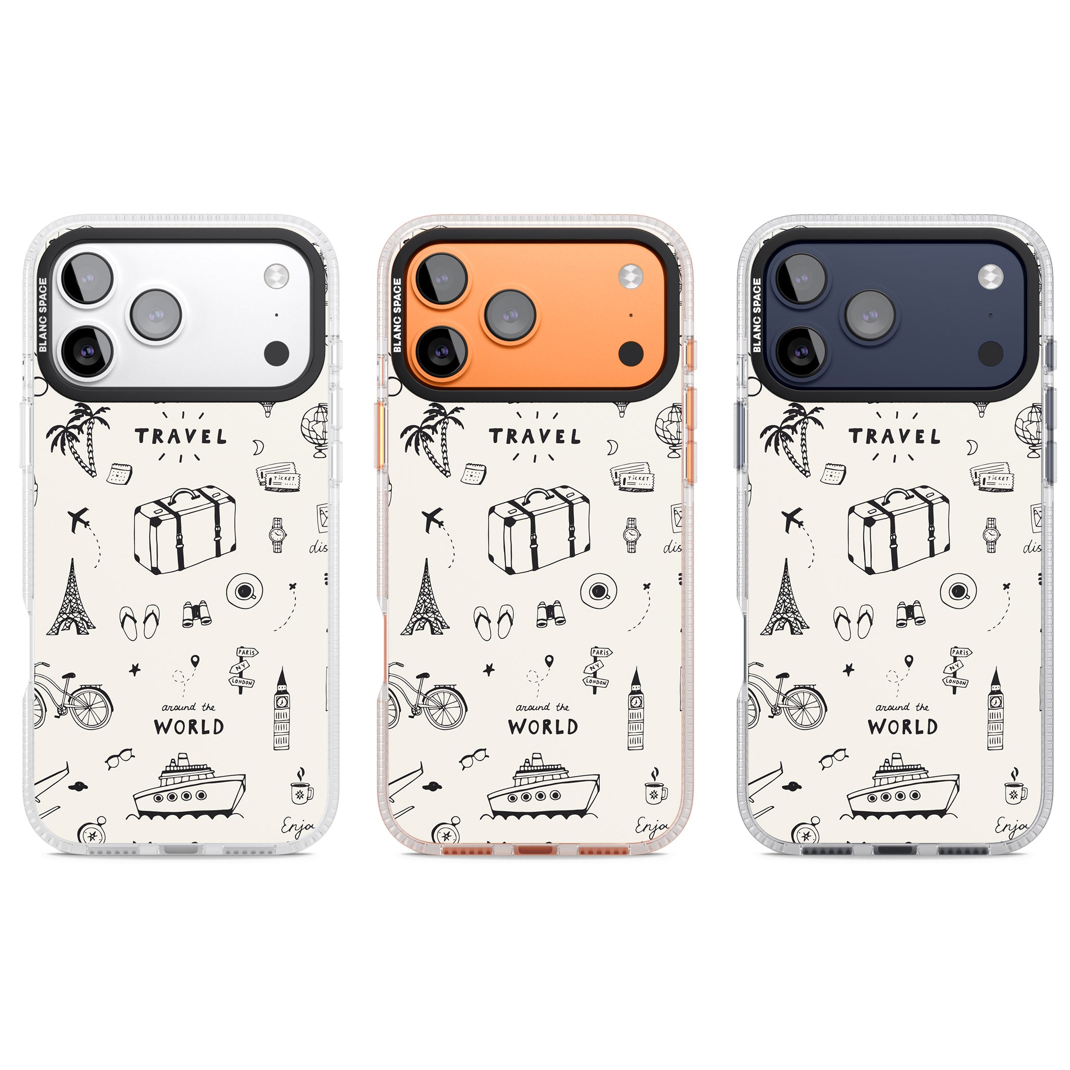 Cute Travel Pattern, White On iPhone 17 Pro Impact Air Clear Phone Case APT Impact Protection