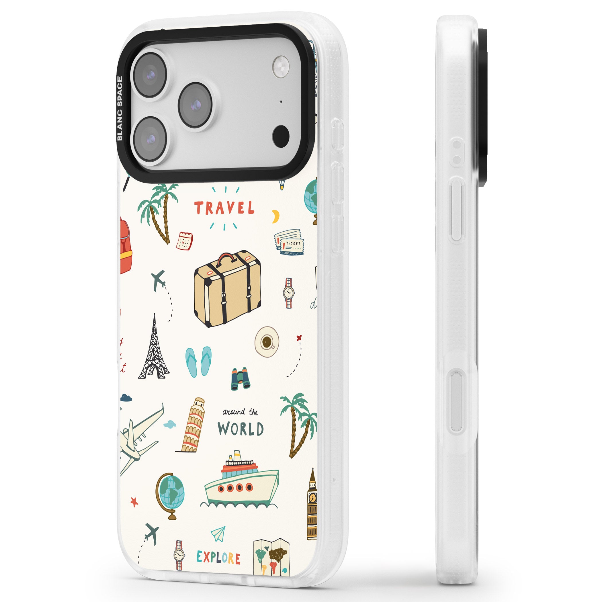 Cute Travel Pattern Cream iPhone 17 Pro Impact Air Clear Phone Case Side Profile