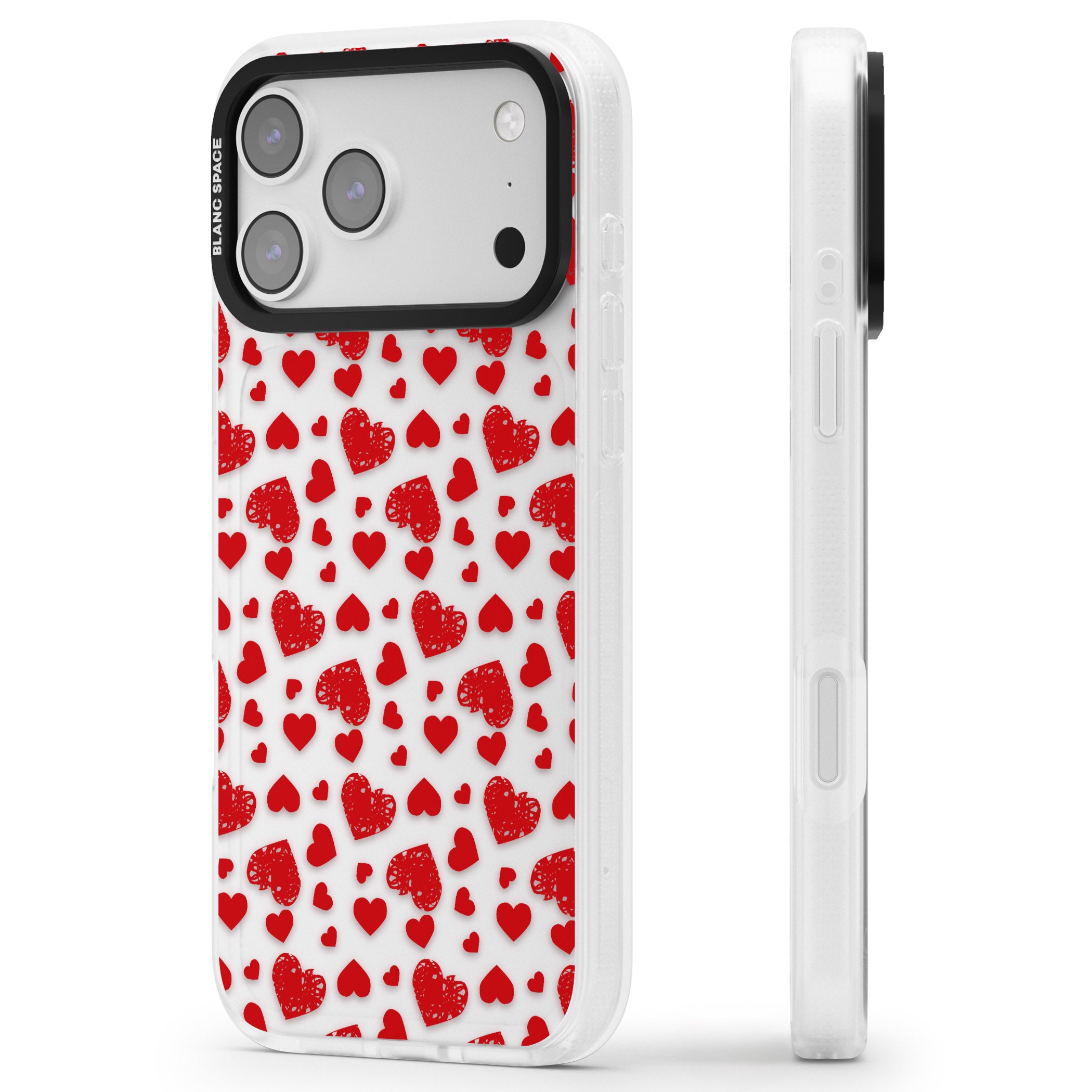 Red Heart Pattern Classic iPhone 17 Pro Max Impact Air Clear Phone Case Side Profile