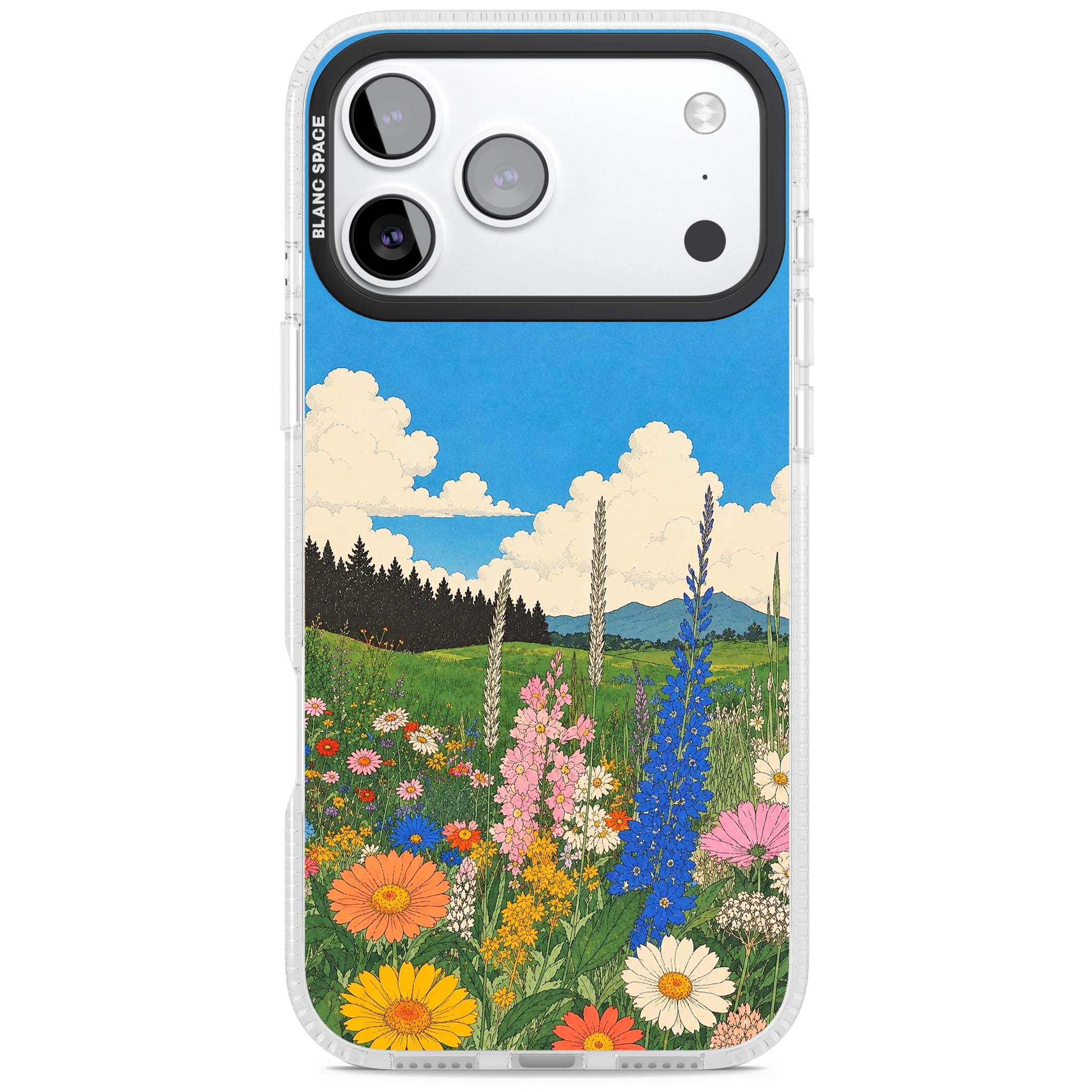 Wildbloom wildflower iPhone case featuring a vintage Japanese-style meadow landscape with daisies, delphiniums and moun | Clear Case Impact Air case for iPhone 17 Pro, iPhone 17 Pro Max