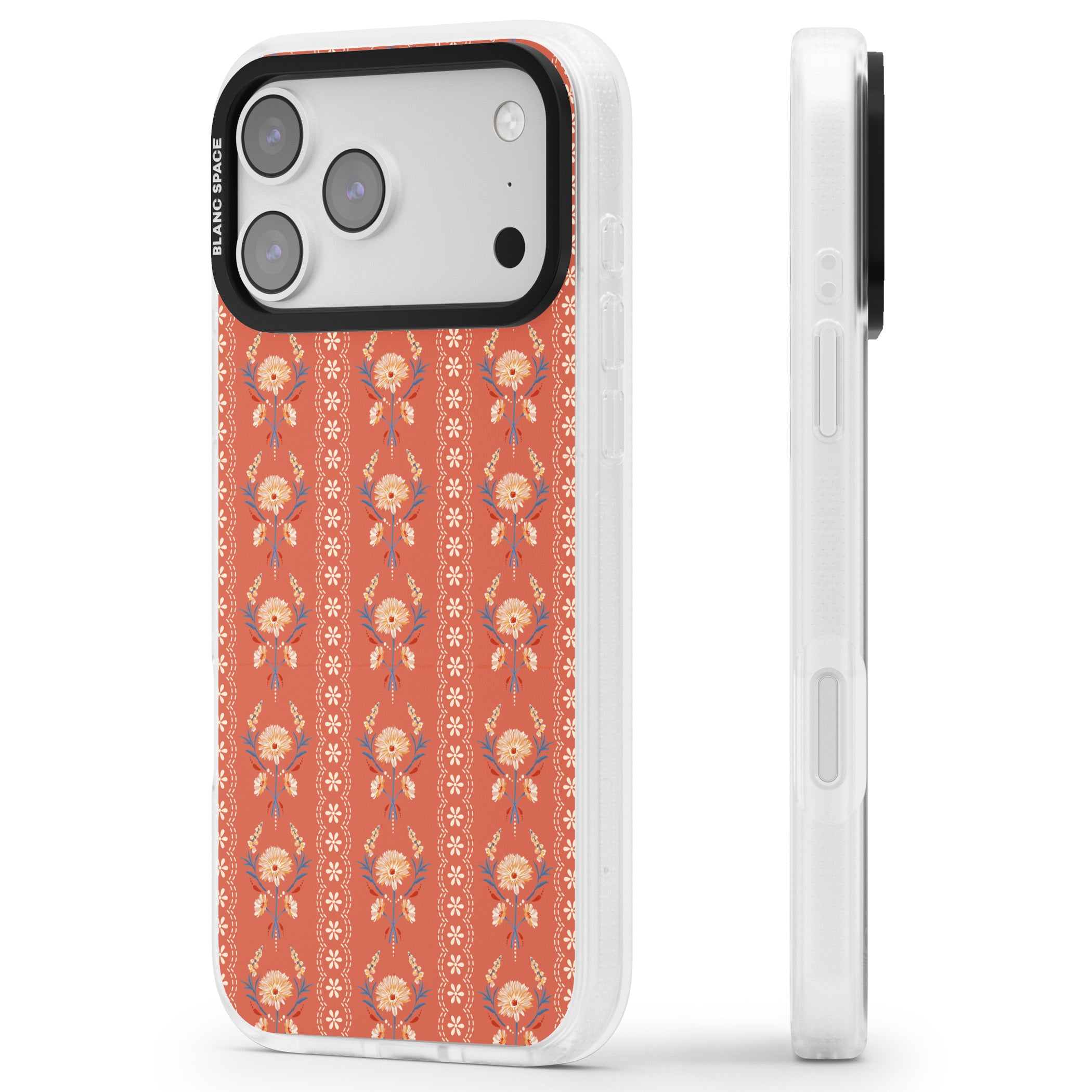 Vintage Terracotta Floral iPhone 17 Pro Impact Air Clear Phone Case Side Profile