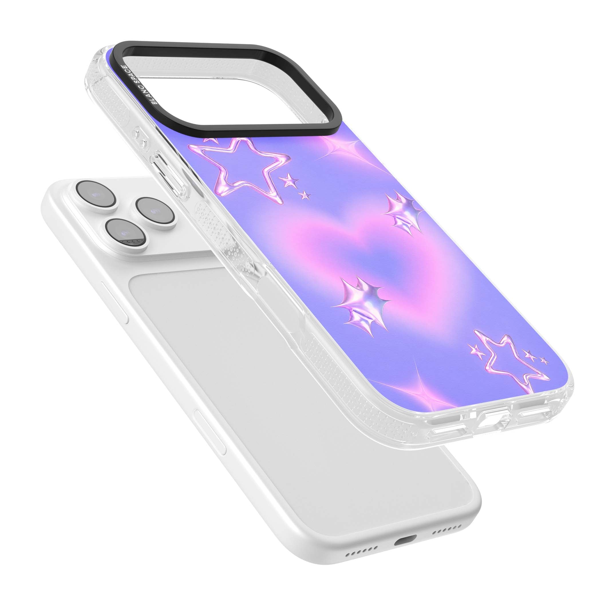 Soft Sugar Y2K iPhone case featuring iridescent chrome hearts, metallic pink stars and a lavender gradient sky | Clear Case Impact Air case for iPhone 17 Pro, iPhone 17 Pro Max
