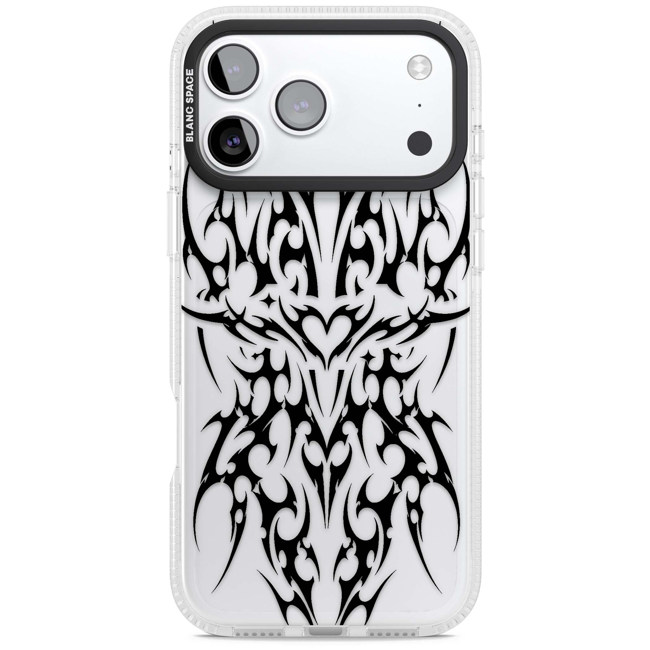 Neo Tribal Heart gothic iPhone case featuring symmetrical black tribal tattoo art with sharp thorn-like linework | Clear Case Impact Air case for iPhone 17 Pro, iPhone 17 Pro Max