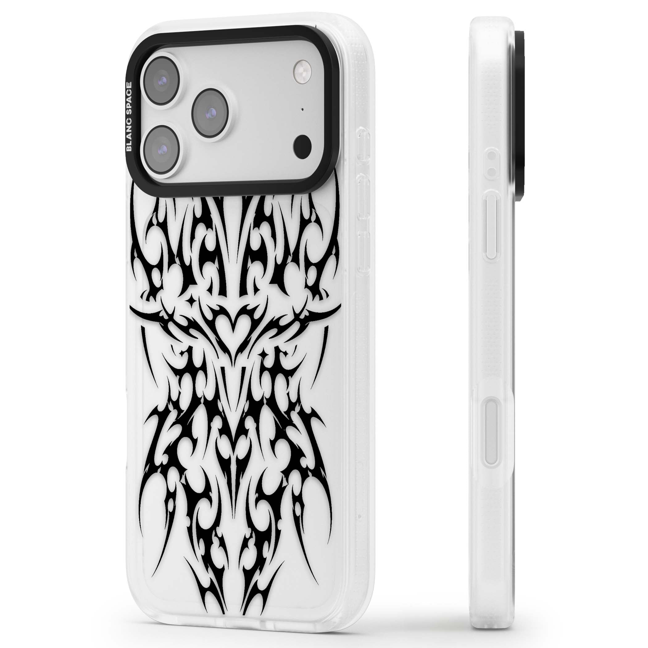 Neo Tribal Heart gothic iPhone case featuring symmetrical black tribal tattoo art with sharp thorn-like linework | Clear Case Impact Air case for iPhone 17 Pro, iPhone 17 Pro Max