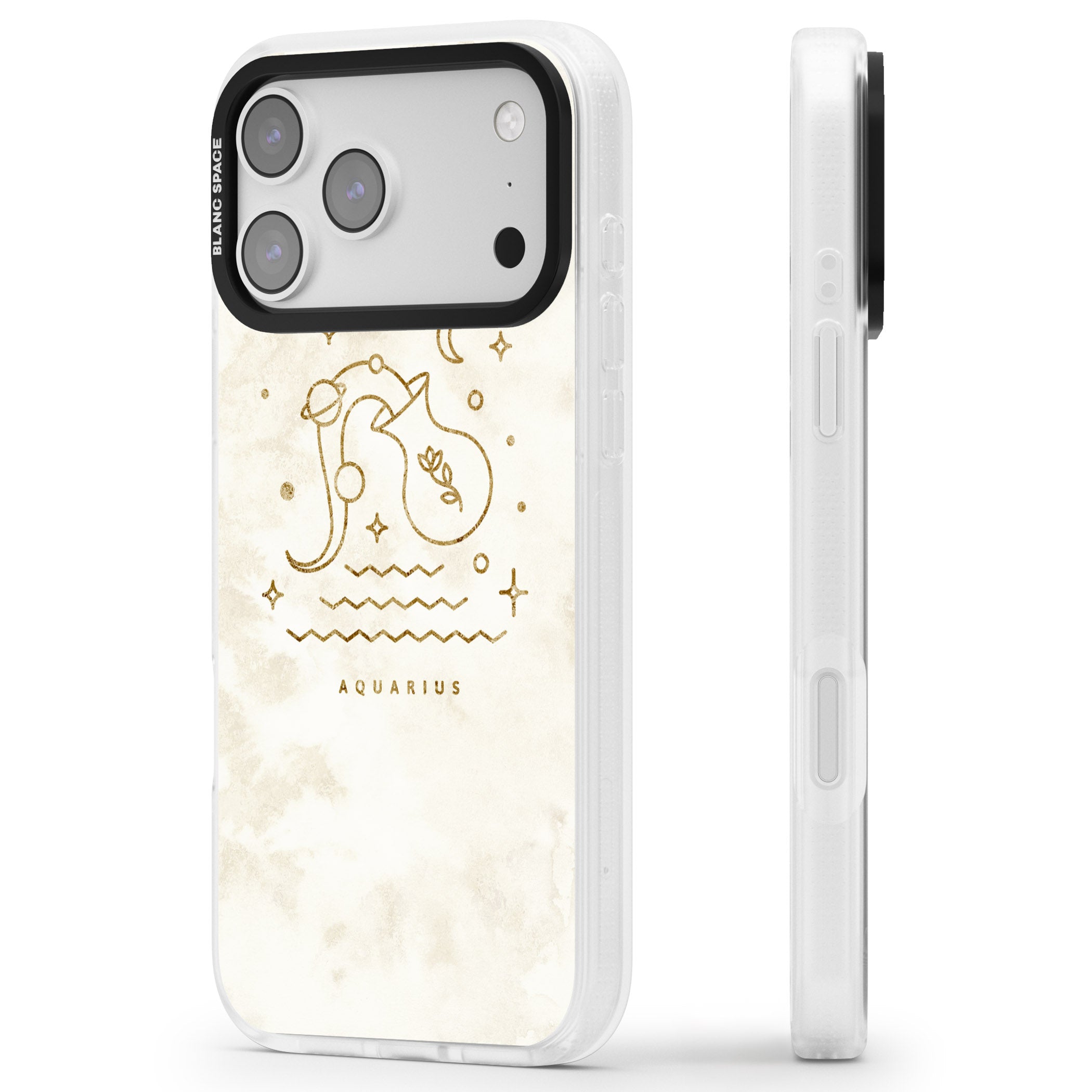 Aquarius Golden Emblem iPhone 17 Pro Impact Air Clear Phone Case Side Profile