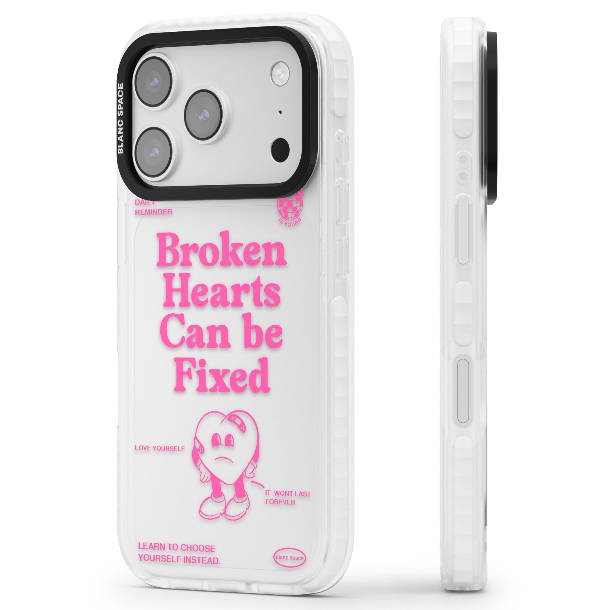 Broken Hearts Can Be Fixed iPhone 17 Pro Impact Clear Phone Case Side Profile