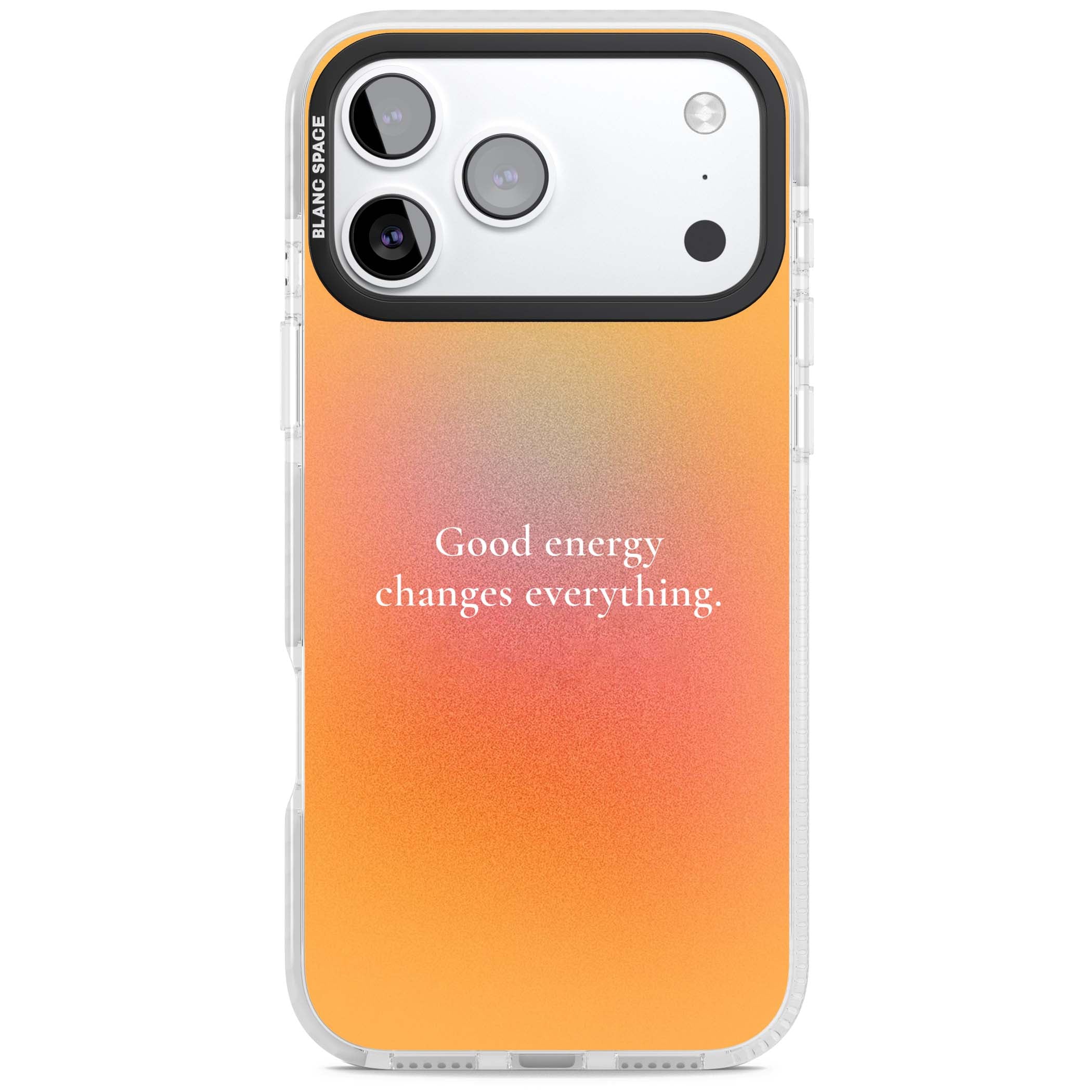 Good Energy quote iPhone case featuring an orange and pink aura gradient with white serif affirmation text | Black Impact case for iPhone 17 Pro, iPhone 17 Pro Max