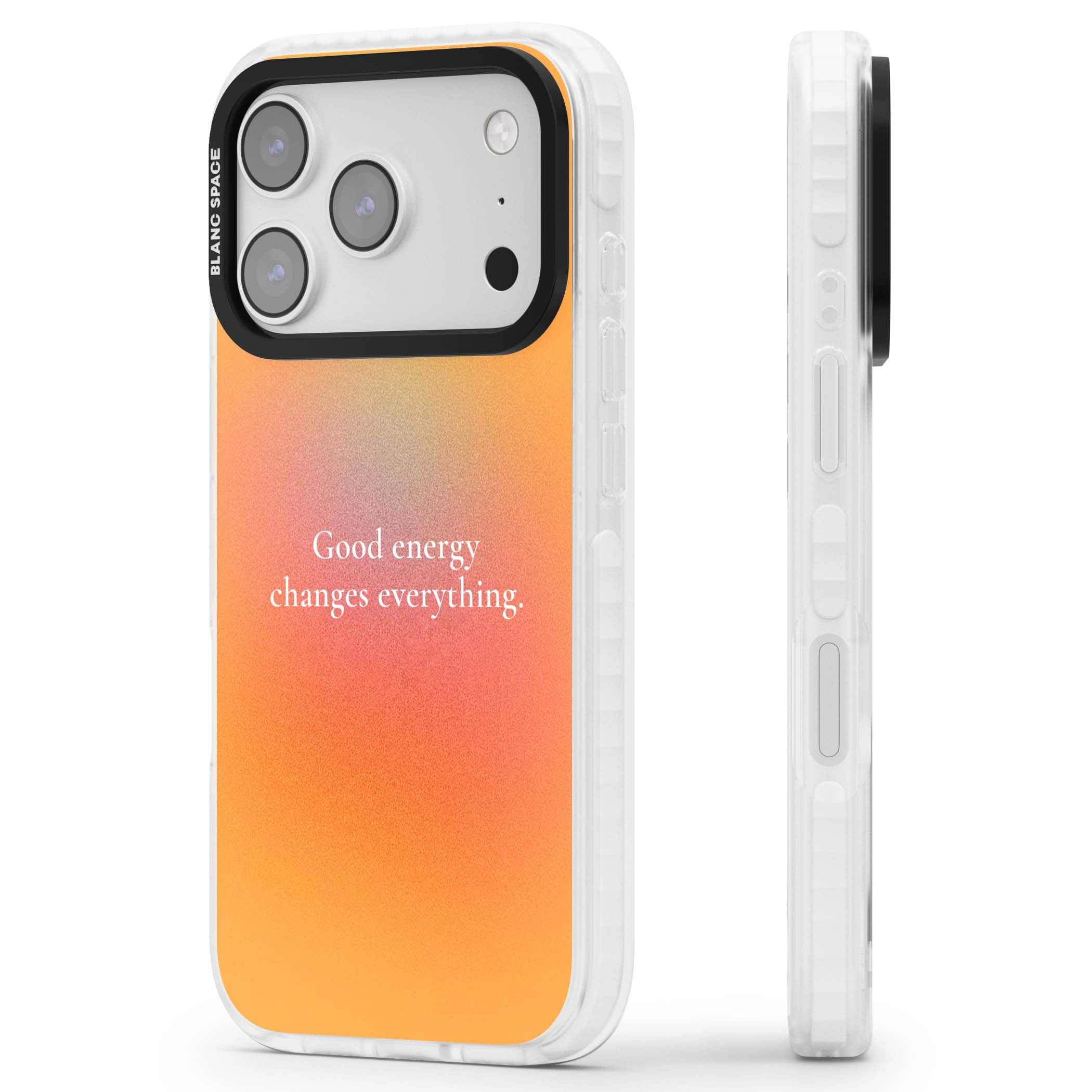Good Energy quote iPhone case featuring an orange and pink aura gradient with white serif affirmation text | Black Impact case for iPhone 17 Pro, iPhone 17 Pro Max