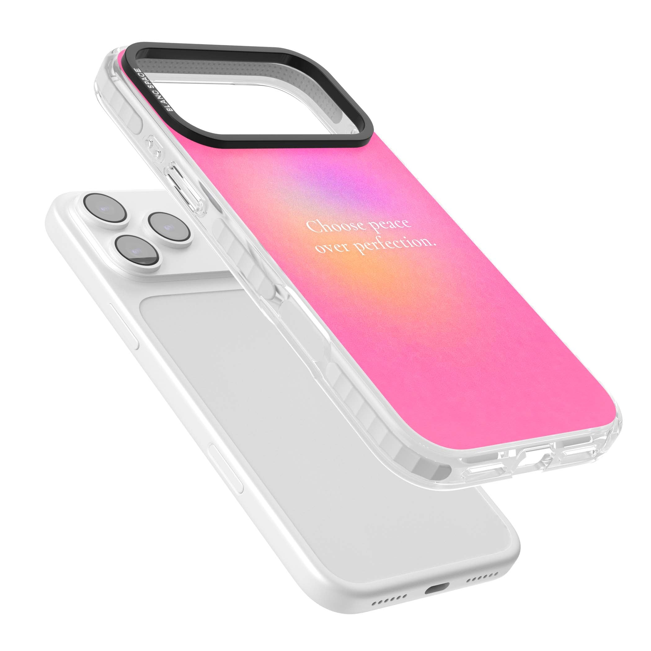 Peace Over Perfection quote iPhone case featuring a dreamy pink aura gradient and delicate white affirmation text | Black Impact case for iPhone 17 Pro, iPhone 17 Pro Max