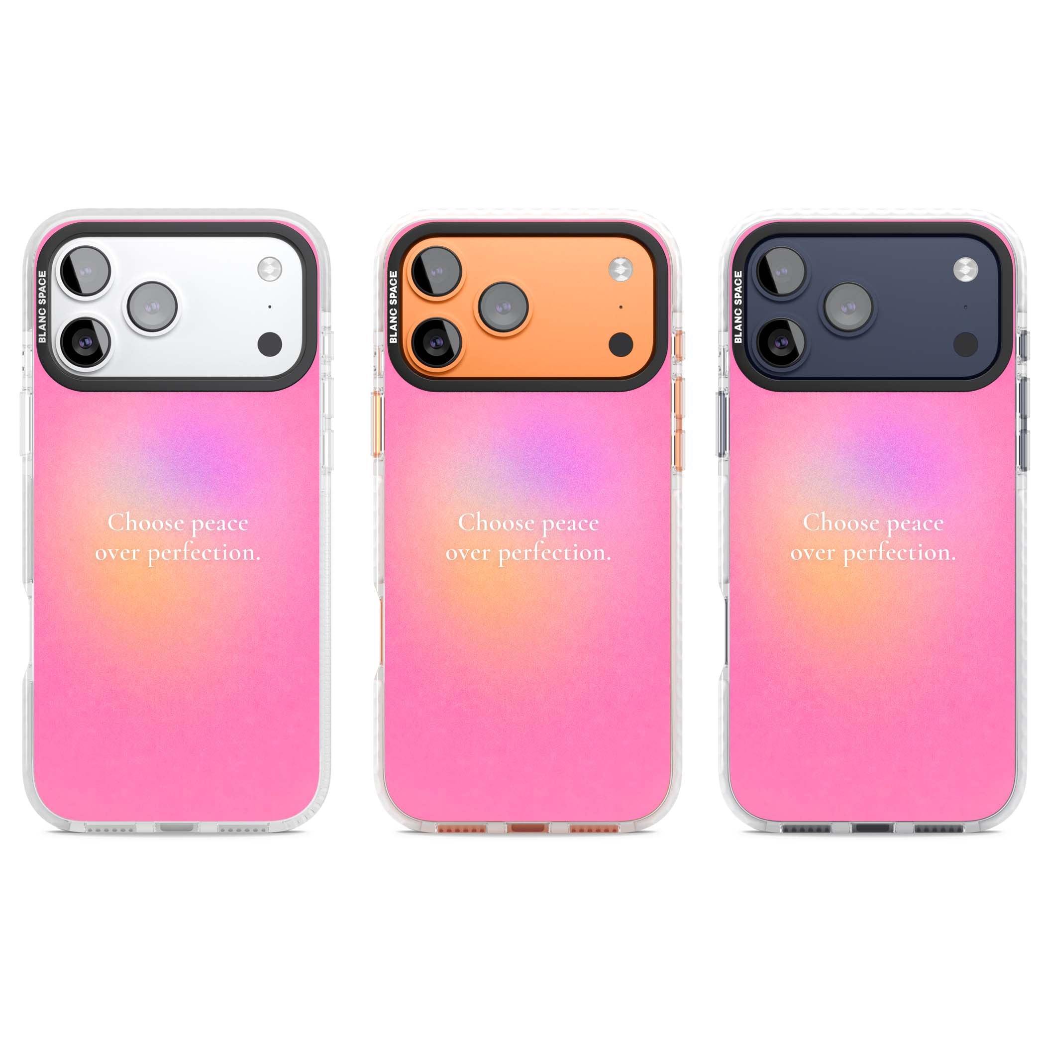 Peace Over Perfection quote iPhone case featuring a dreamy pink aura gradient and delicate white affirmation text | Black Impact case for iPhone 17 Pro, iPhone 17 Pro Max