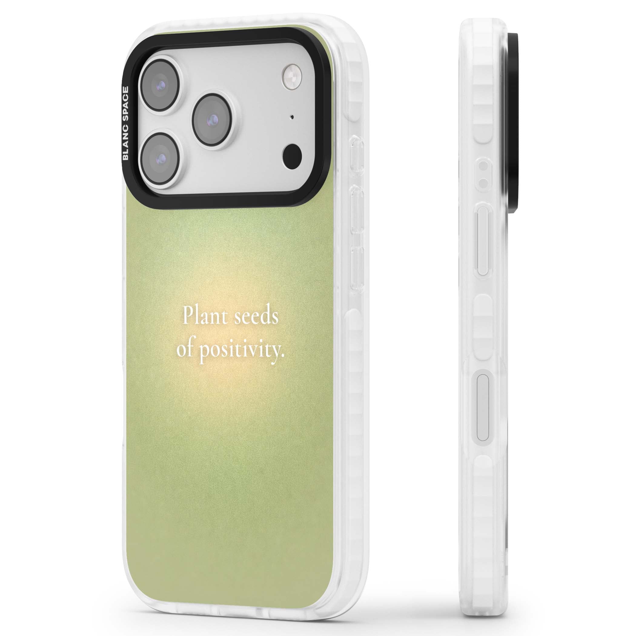 Seeds of Positivity quote iPhone case featuring a sage green aura gradient and golden glow affirmation | Black Impact case for iPhone 17 Pro, iPhone 17 Pro Max