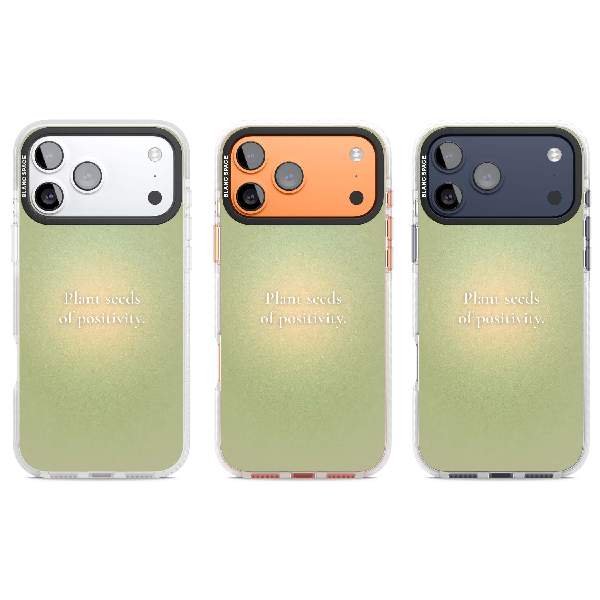 Seeds of Positivity quote iPhone case featuring a sage green aura gradient and golden glow affirmation | Black Impact case for iPhone 17 Pro, iPhone 17 Pro Max
