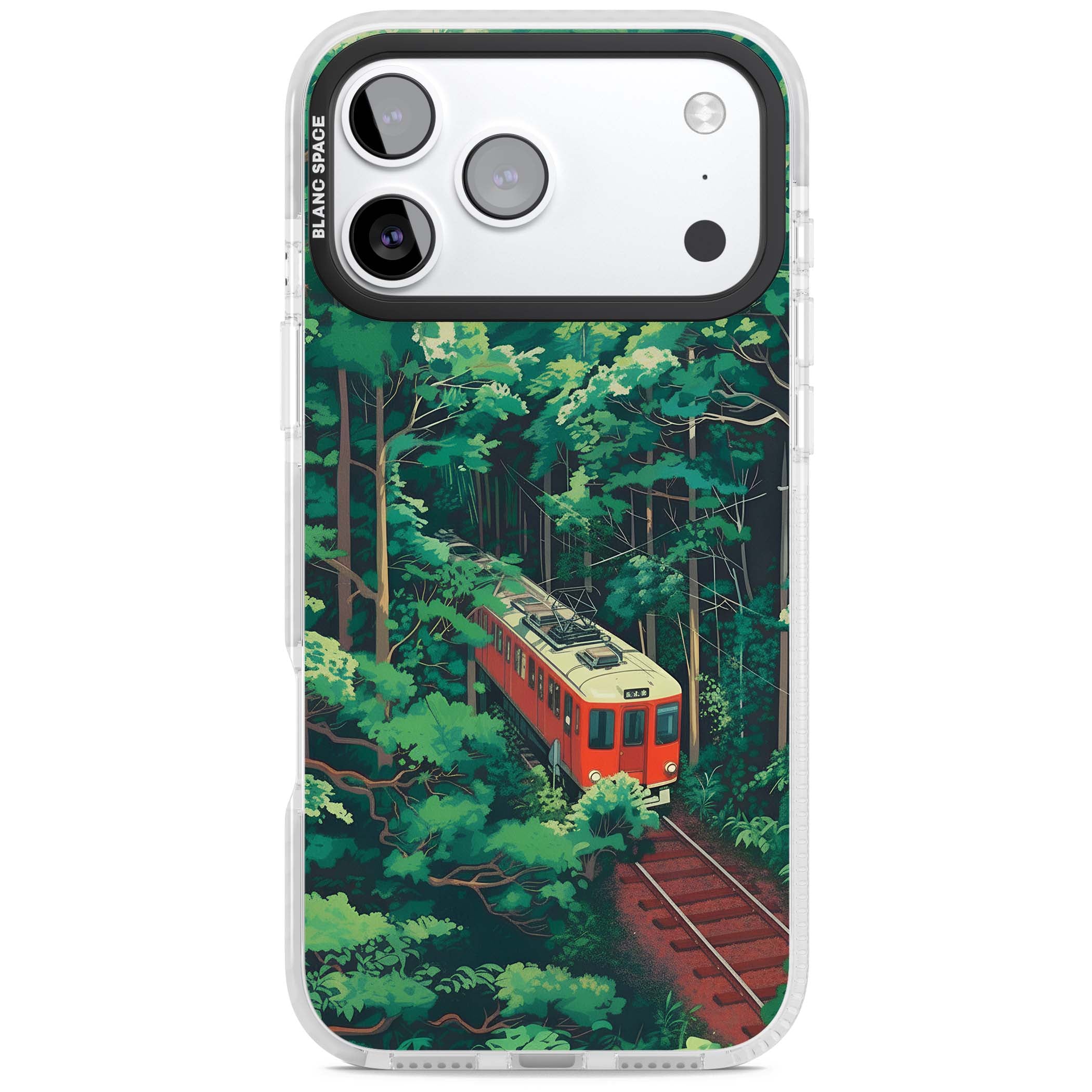 Railway In Toyama Japanese iPhone case featuring a red train, cedar forest and winding mountain railway tracks | Black Impact case for iPhone 17 Pro, iPhone 17 Pro Max