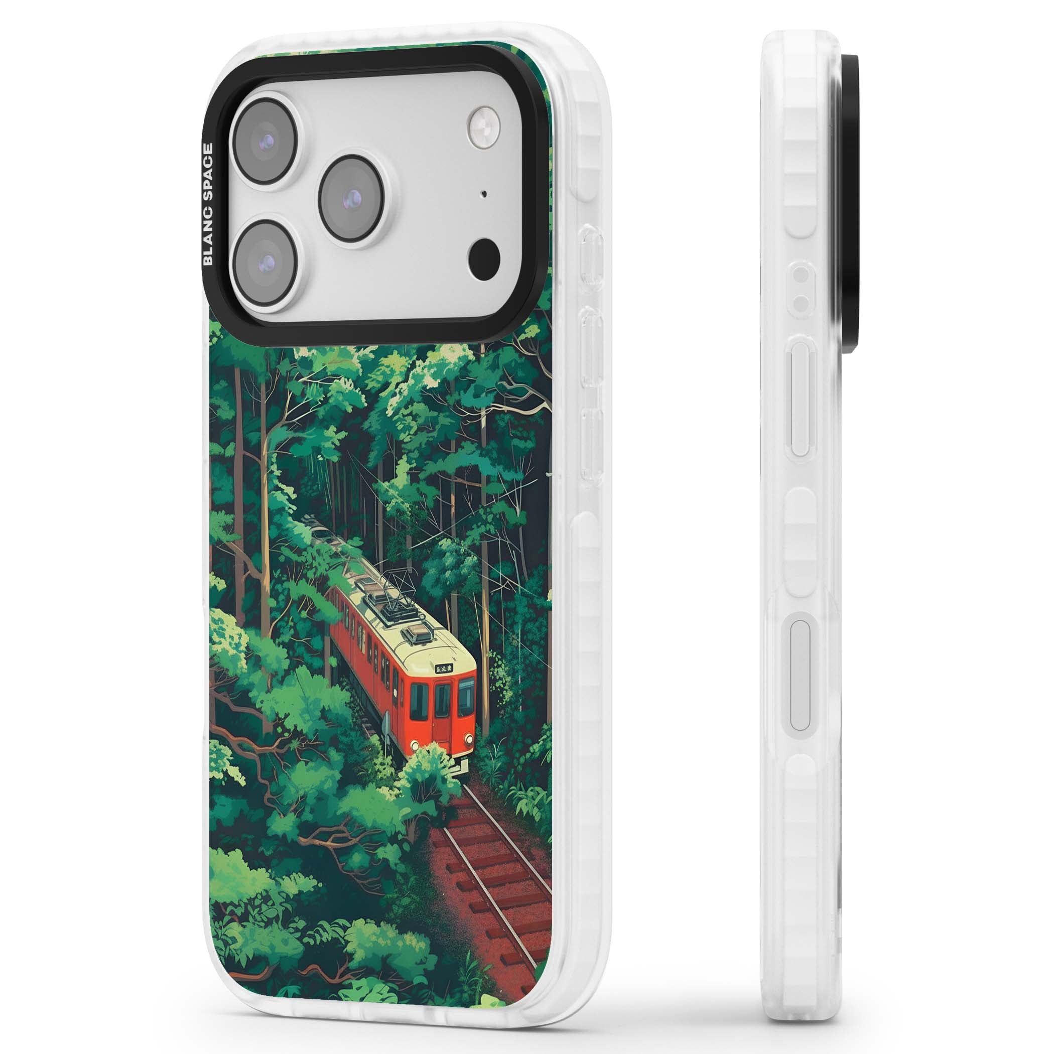 Railway In Toyama Japanese iPhone case featuring a red train, cedar forest and winding mountain railway tracks | Black Impact case for iPhone 17 Pro, iPhone 17 Pro Max