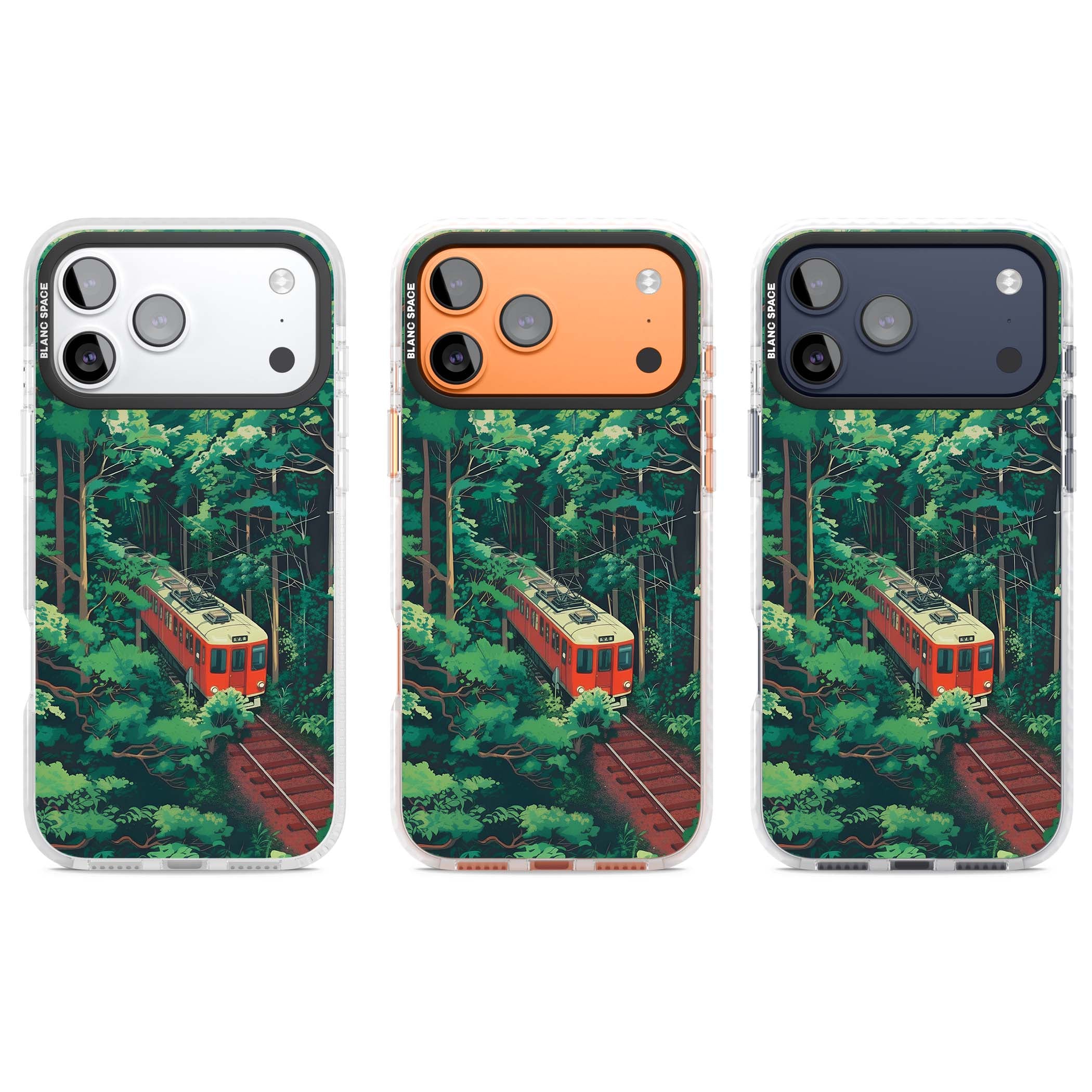 Railway In Toyama Japanese iPhone case featuring a red train, cedar forest and winding mountain railway tracks | Black Impact case for iPhone 17 Pro, iPhone 17 Pro Max