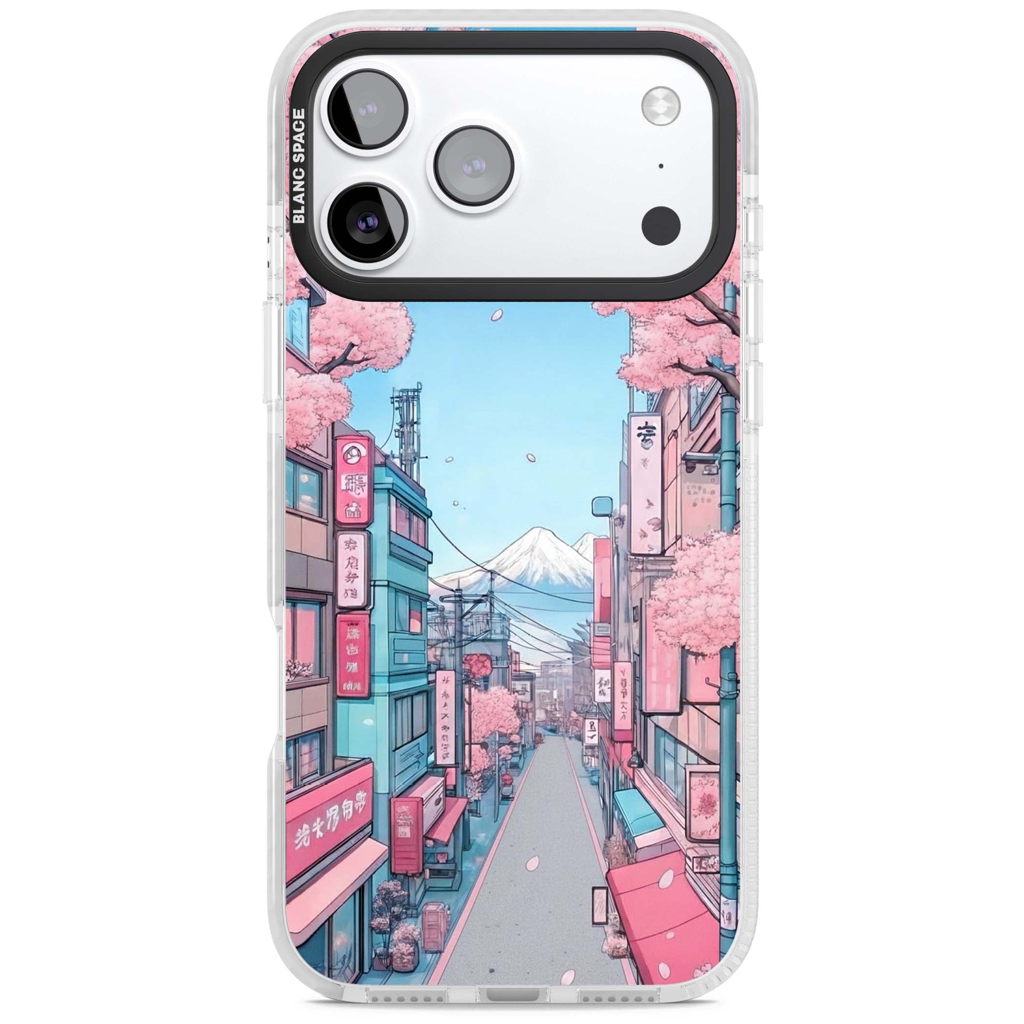 Sakura Lane anime iPhone case featuring Tokyo street scene with cherry blossoms and Mount Fuji | Black Impact case for iPhone 17 Pro, iPhone 17 Pro Max