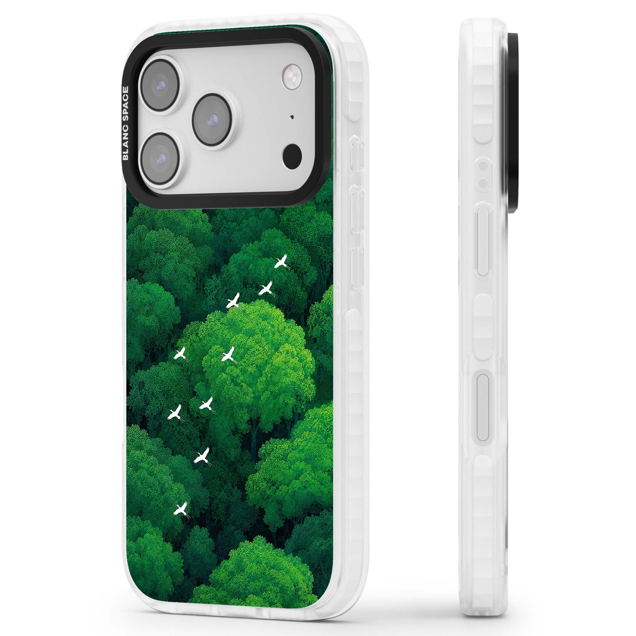 Grove Migration forest iPhone case featuring white cranes flying over lush green treetop canopy | Black Impact case for iPhone 17 Pro, iPhone 17 Pro Max
