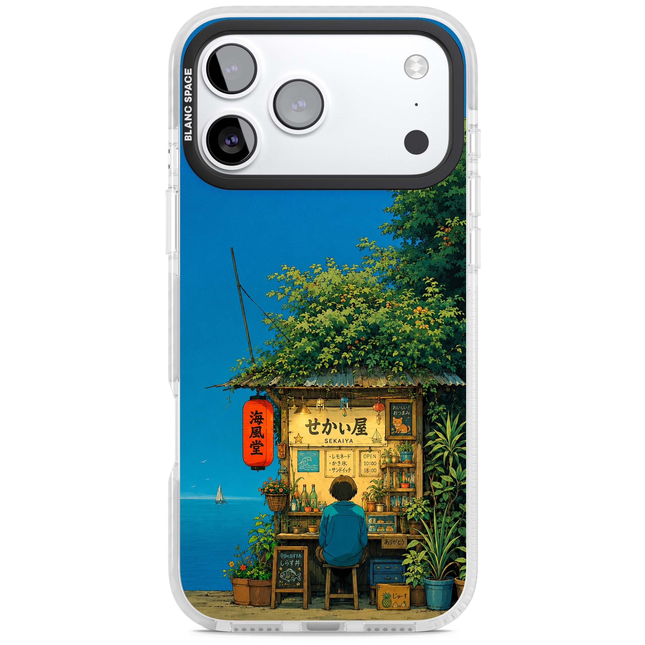 The Shirahama Kiosk anime iPhone case featuring a Japanese seaside shop, red paper lantern and ocean view | Black Impact case for iPhone 17 Pro, iPhone 17 Pro Max