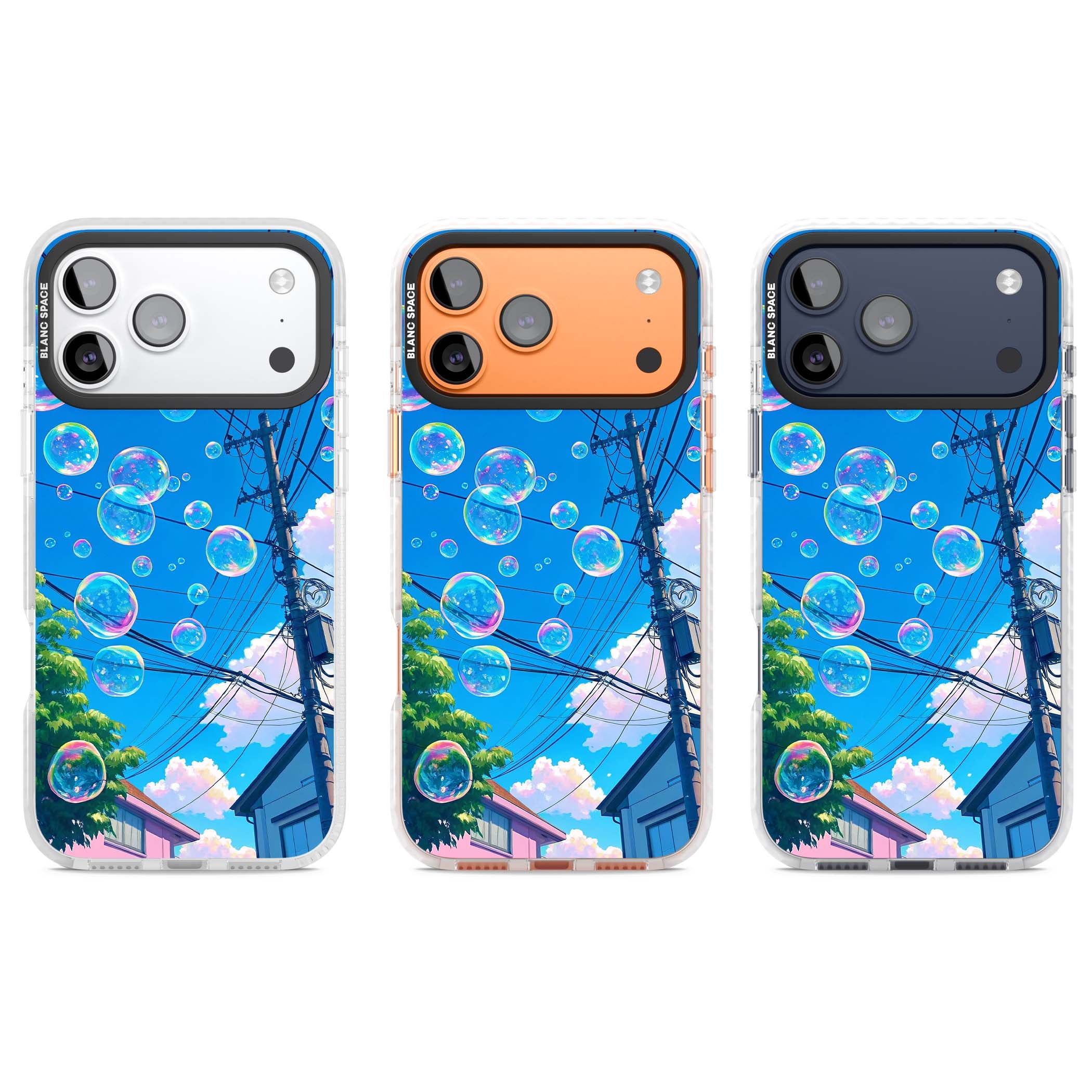 Suburban Bubbles anime iPhone case featuring iridescent soap bubbles, blue sky and Japanese telephone wires | Black Impact case for iPhone 17 Pro, iPhone 17 Pro Max