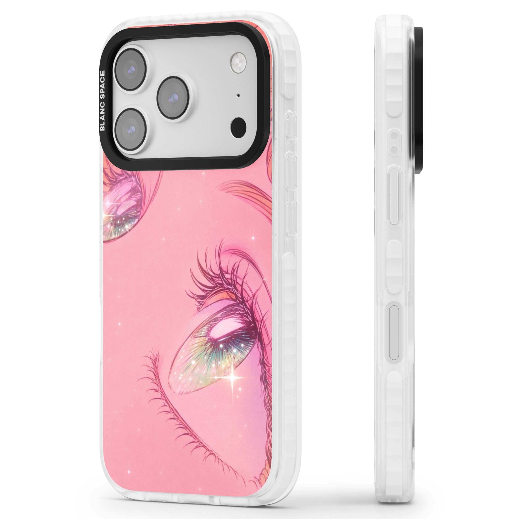 Pink Ethereal Gaze anime iPhone case featuring sparkling manga eyes, coral lashes and dreamy peach sky | Black Impact case for iPhone 17 Pro, iPhone 17 Pro Max