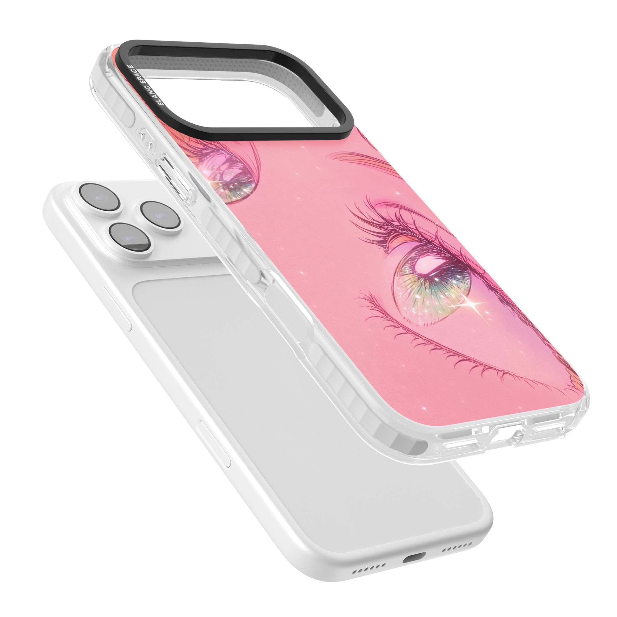 Pink Ethereal Gaze anime iPhone case featuring sparkling manga eyes, coral lashes and dreamy peach sky | Black Impact case for iPhone 17 Pro, iPhone 17 Pro Max