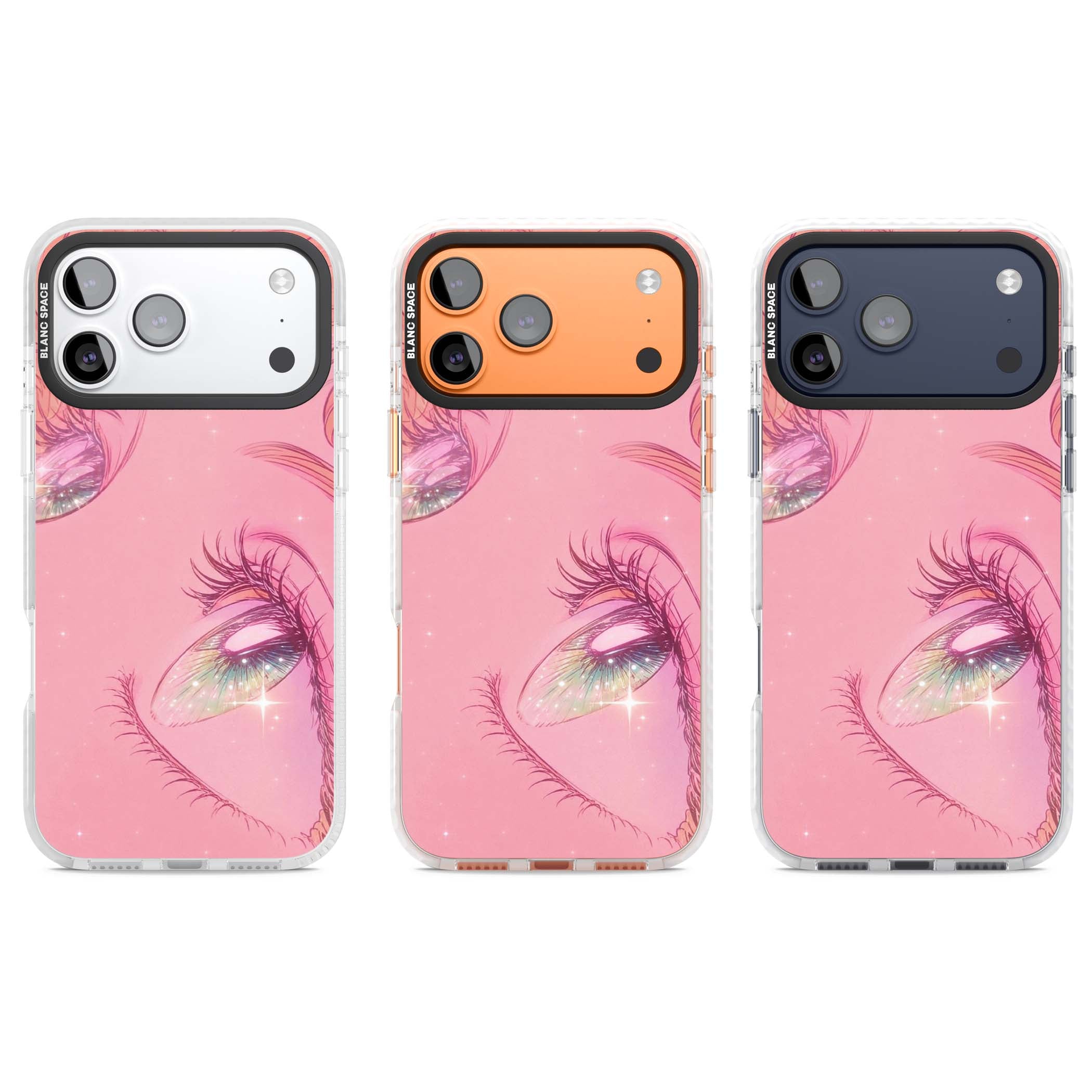 Pink Ethereal Gaze anime iPhone case featuring sparkling manga eyes, coral lashes and dreamy peach sky | Black Impact case for iPhone 17 Pro, iPhone 17 Pro Max