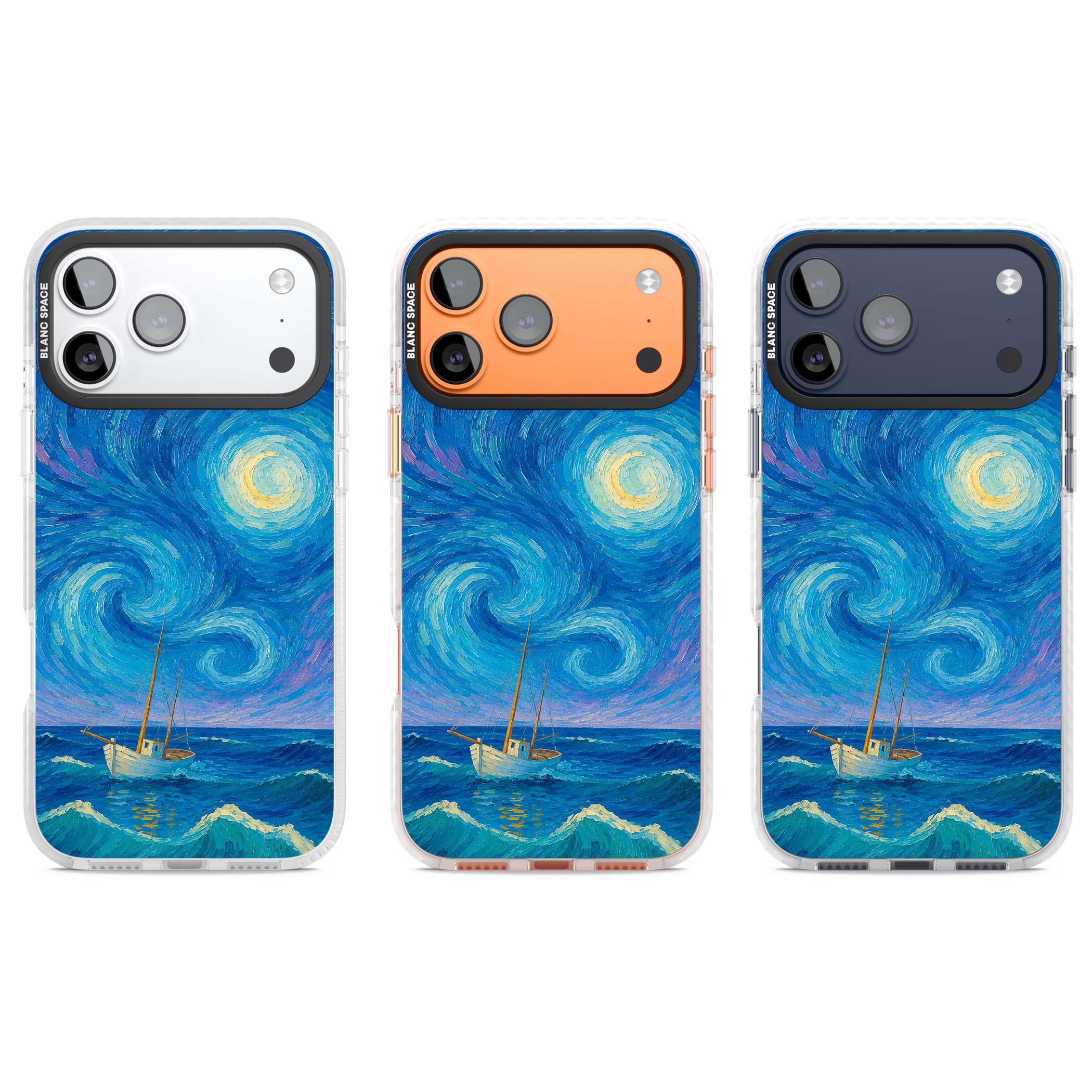 Moonlit Tide Van Gogh art iPhone case featuring swirling starry night sky, glowing moon and lone sailing boat at sea | Black Impact case for iPhone 17 Pro, iPhone 17 Pro Max