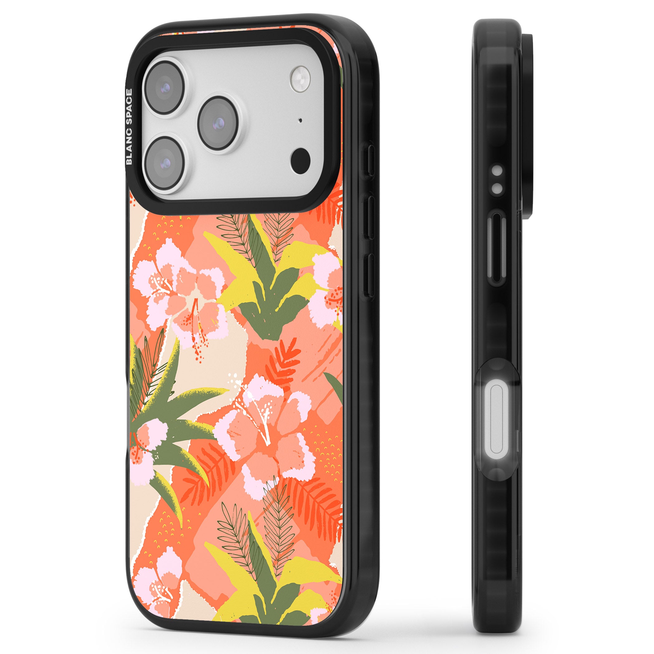 Hawaiian Flowers Abstract Pattern iPhone 17 Pro Impact Black Phone Case Side Profile