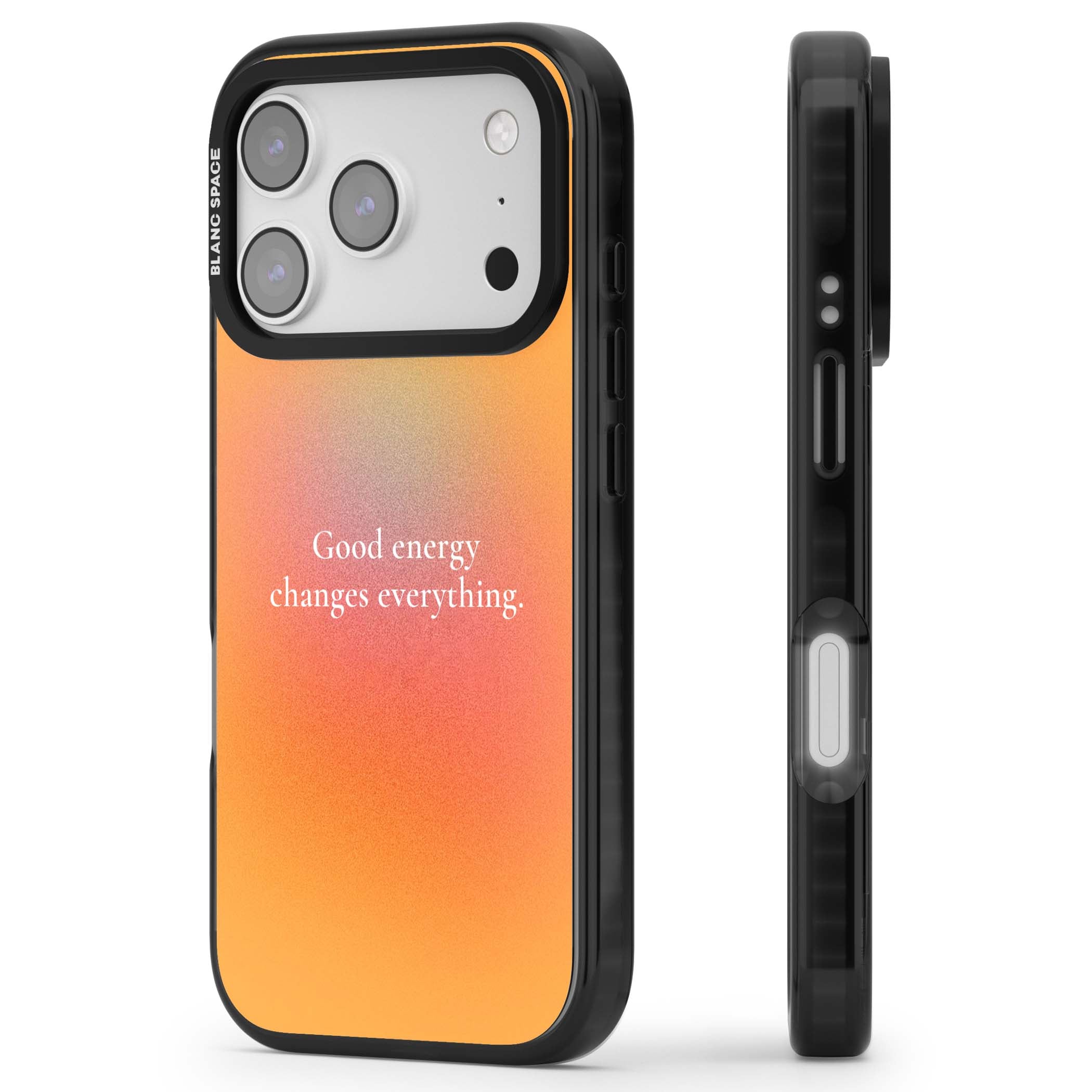 Good Energy quote iPhone case featuring an orange and pink aura gradient with white serif affirmation text | Clear Impact case for iPhone 17 Pro, iPhone 17 Pro Max