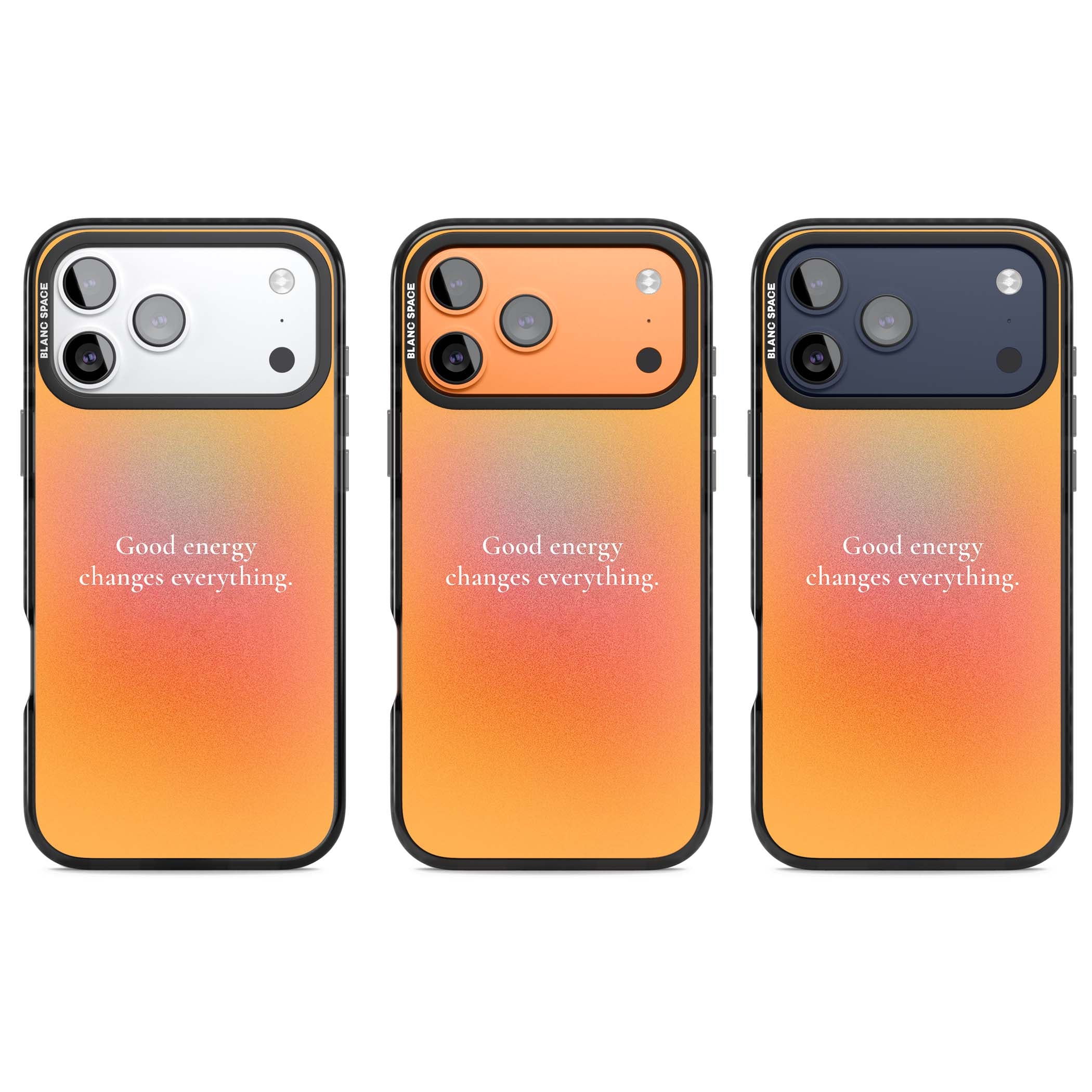 Good Energy quote iPhone case featuring an orange and pink aura gradient with white serif affirmation text | Clear Impact case for iPhone 17 Pro, iPhone 17 Pro Max