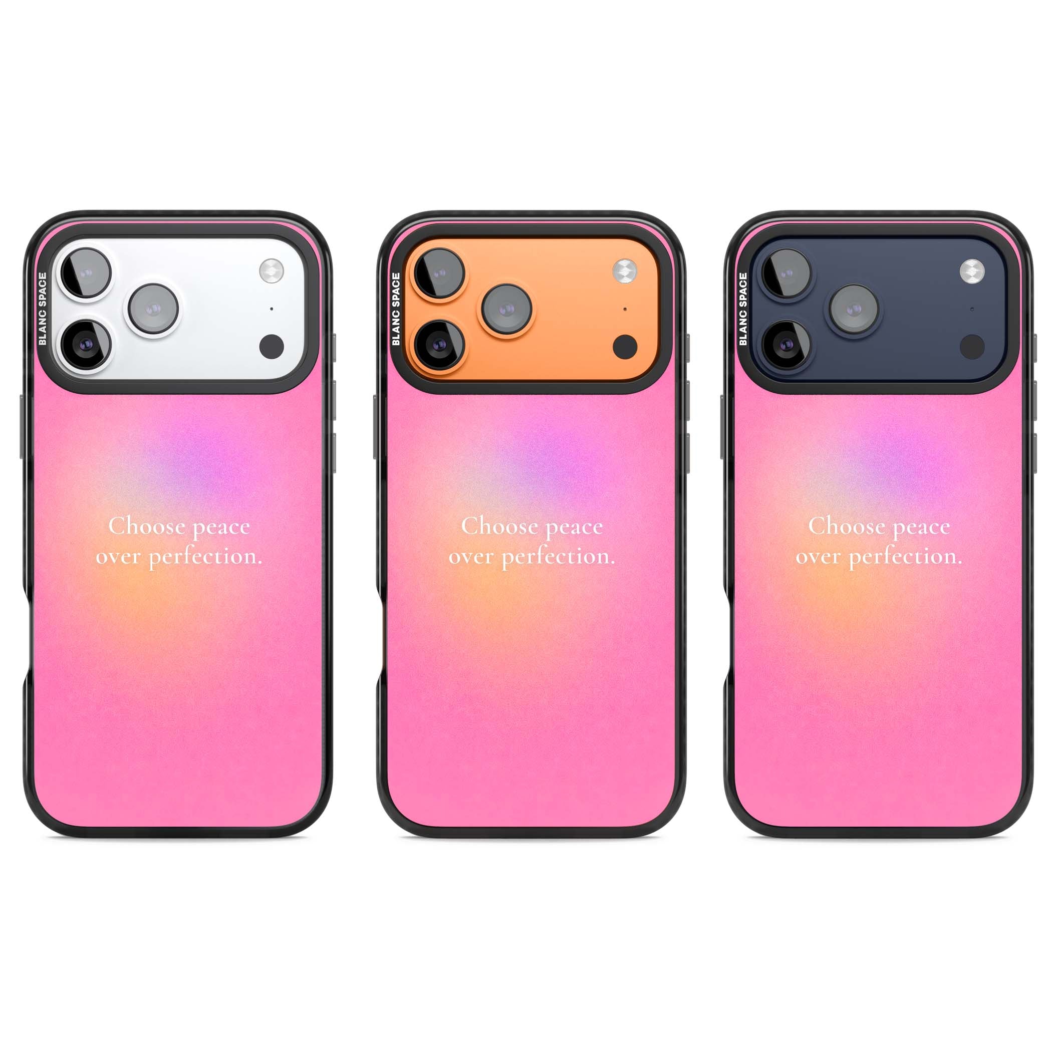 Peace Over Perfection quote iPhone case featuring a dreamy pink aura gradient and delicate white affirmation text | Clear Impact case for iPhone 17 Pro, iPhone 17 Pro Max
