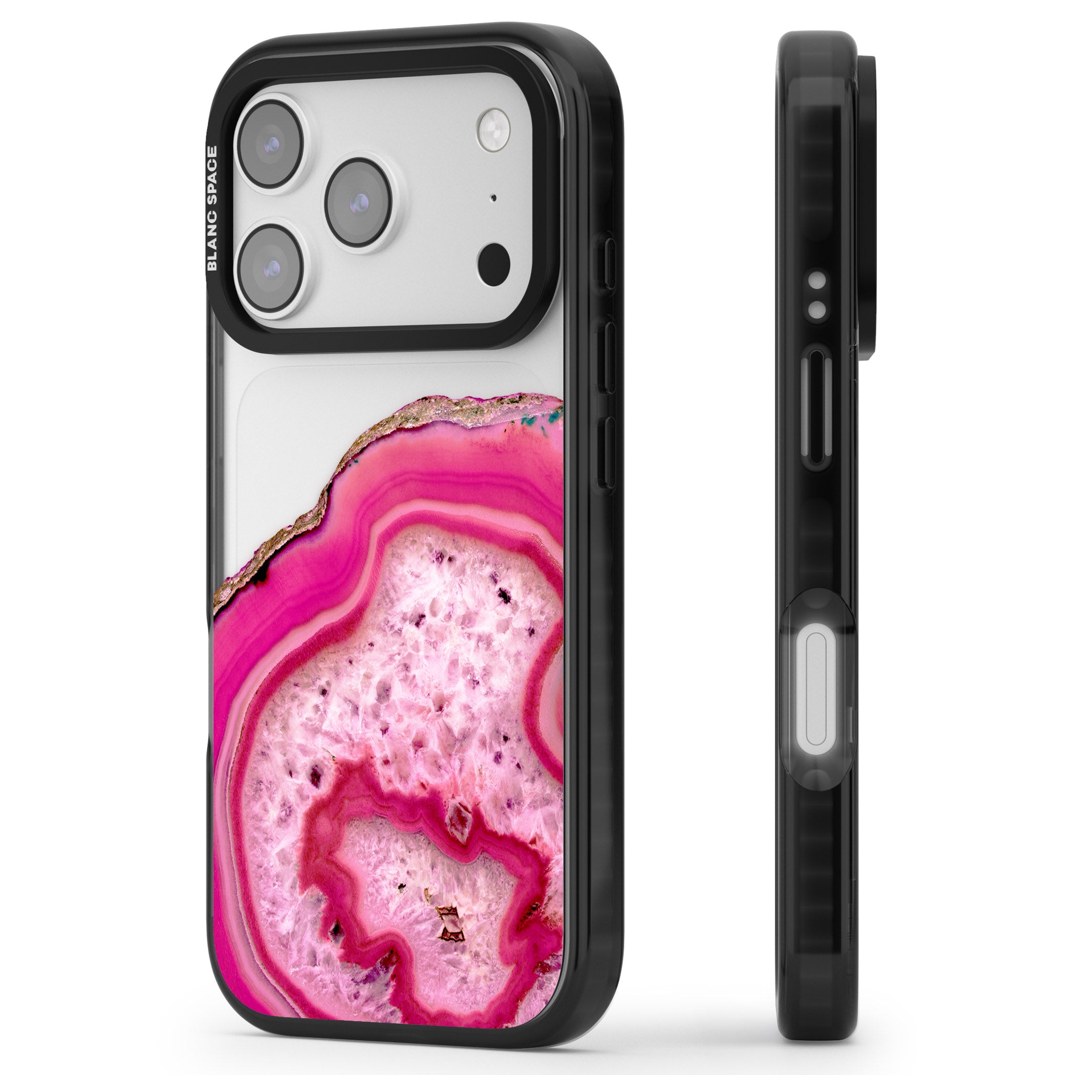 Pink Geode Crystal iPhone 17 Pro Max Impact Black Phone Case Side Profile