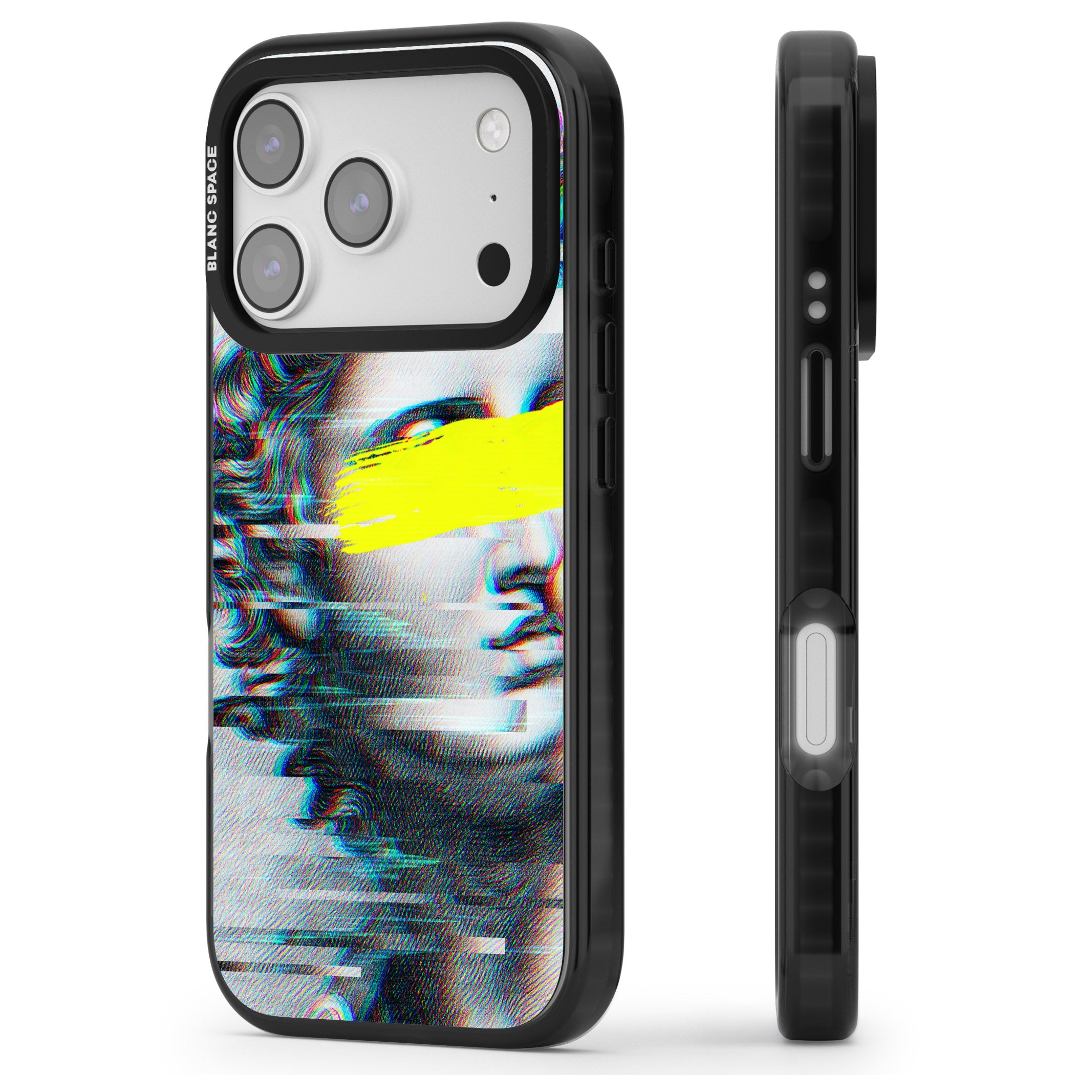 Glitched Fragment iPhone 17 Pro Impact Black Phone Case Side Profile