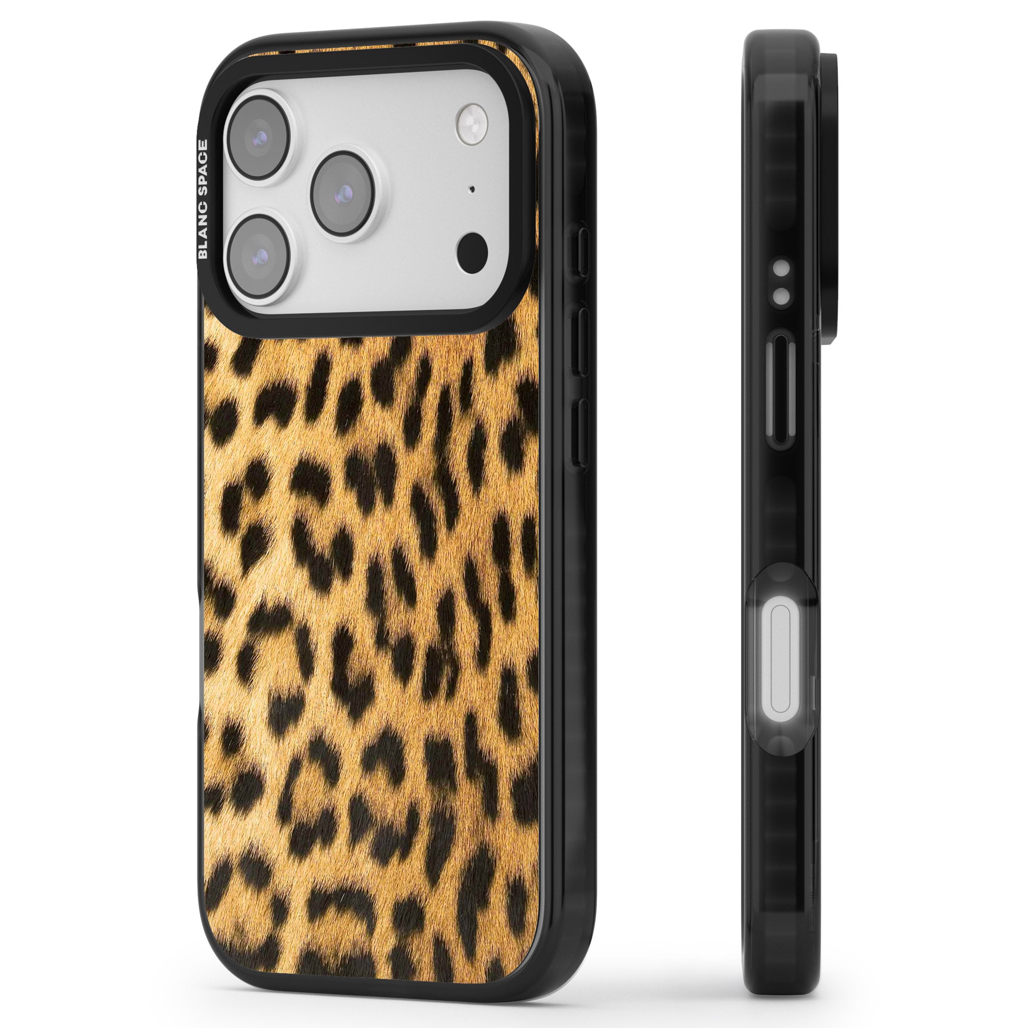 Designer Fashion Gold Leopard Print iPhone 17 Pro Impact Black Phone Case Side Profile