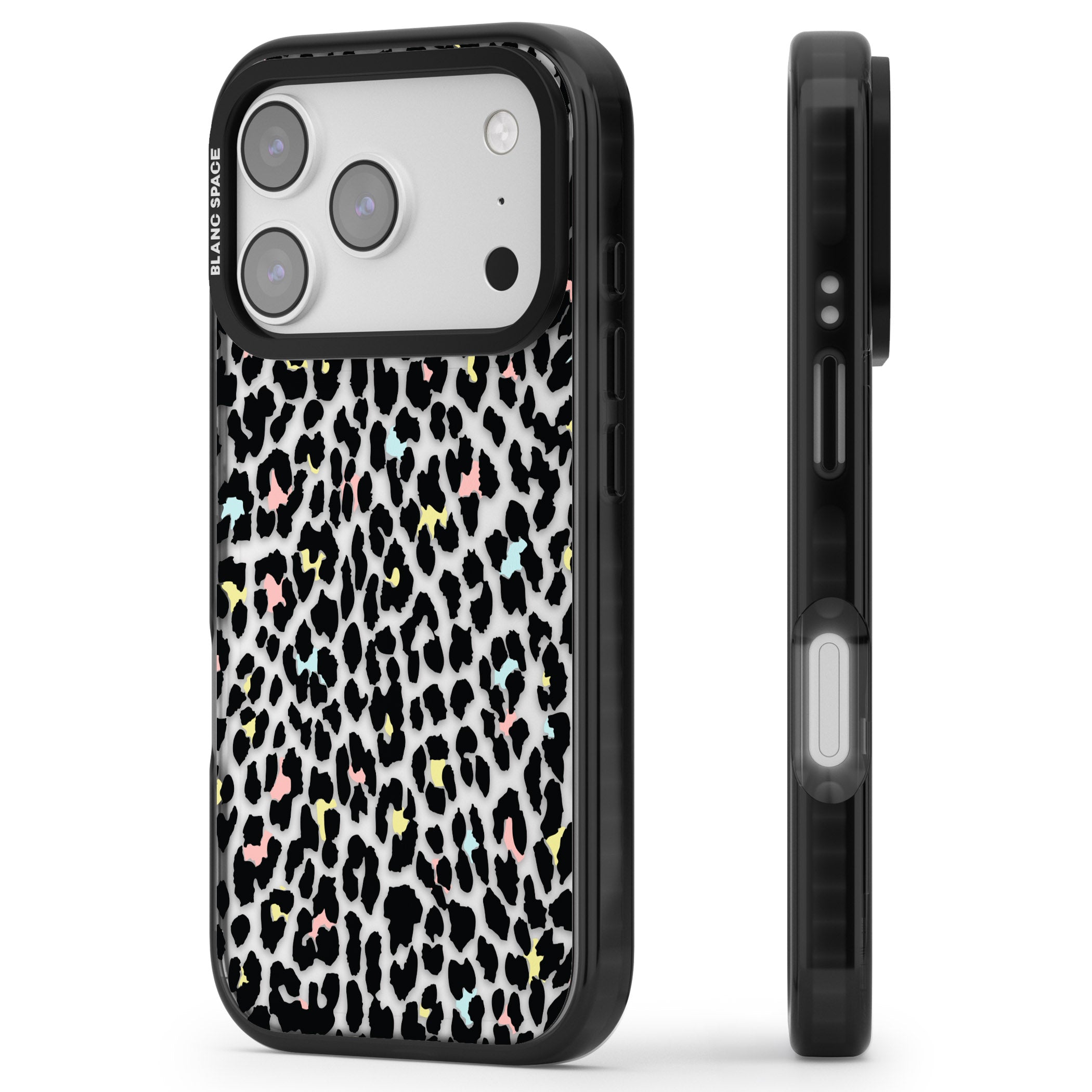 Pastel Leopard Print iPhone 17 Pro Impact Black Phone Case Side Profile