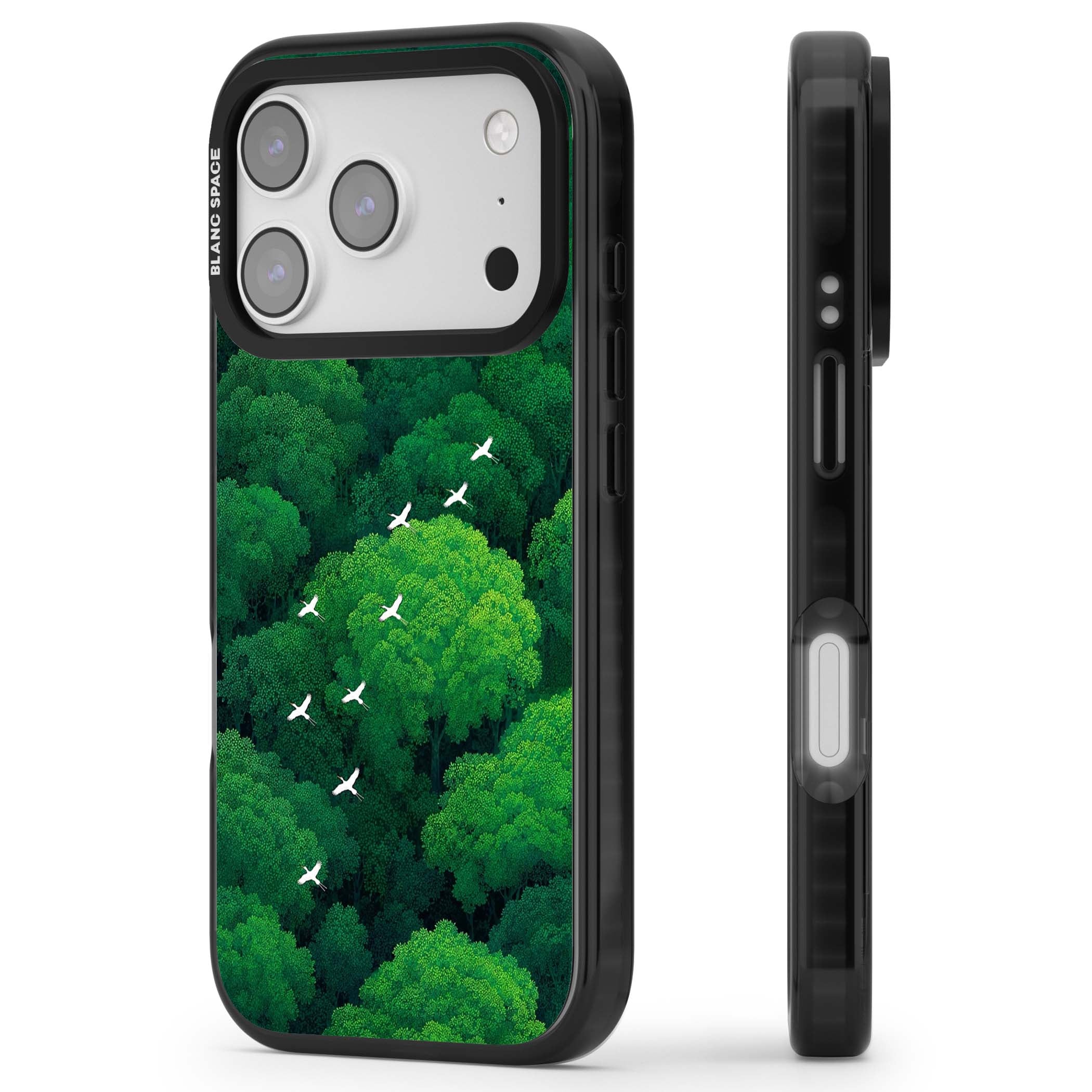 Grove Migration forest iPhone case featuring white cranes flying over lush green treetop canopy | Clear Impact case for iPhone 17 Pro, iPhone 17 Pro Max