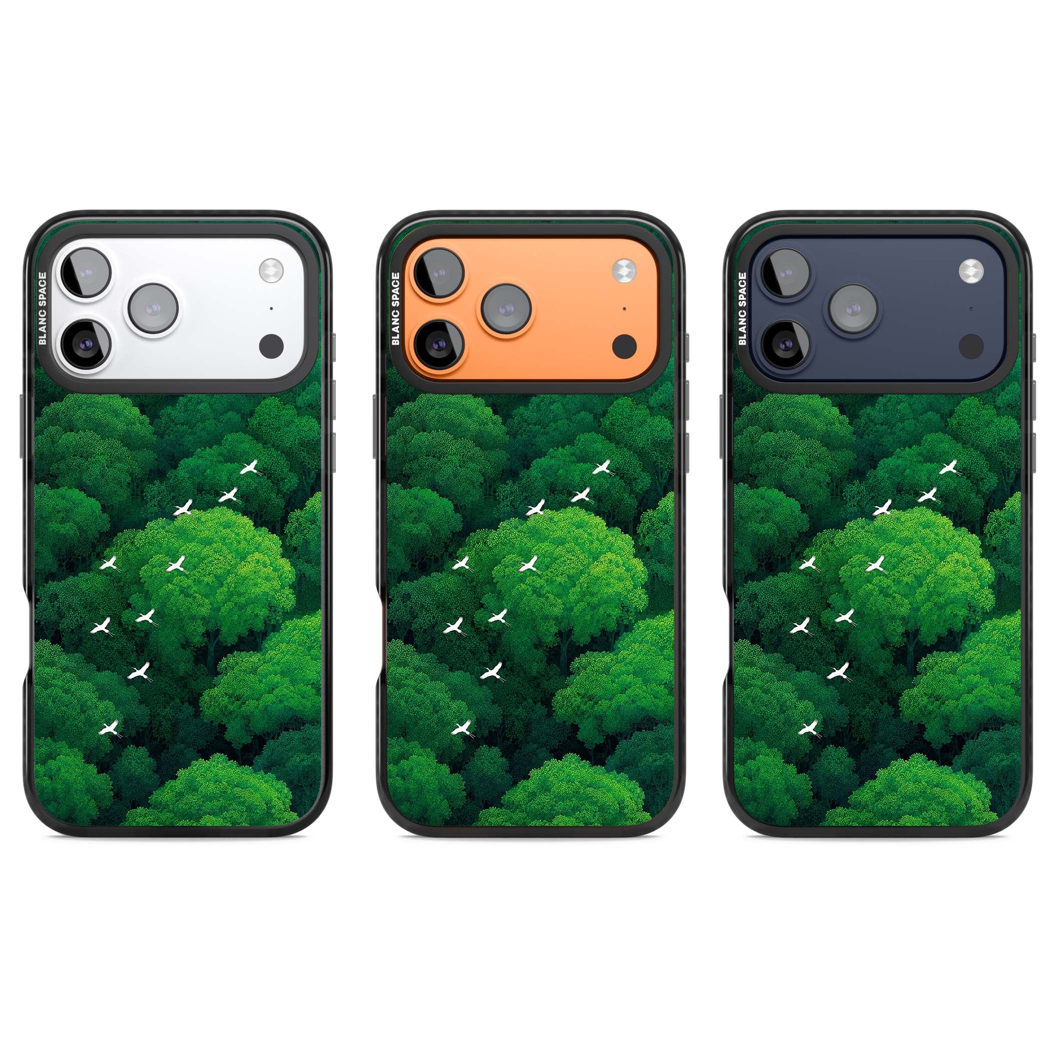 Grove Migration forest iPhone case featuring white cranes flying over lush green treetop canopy | Clear Impact case for iPhone 17 Pro, iPhone 17 Pro Max