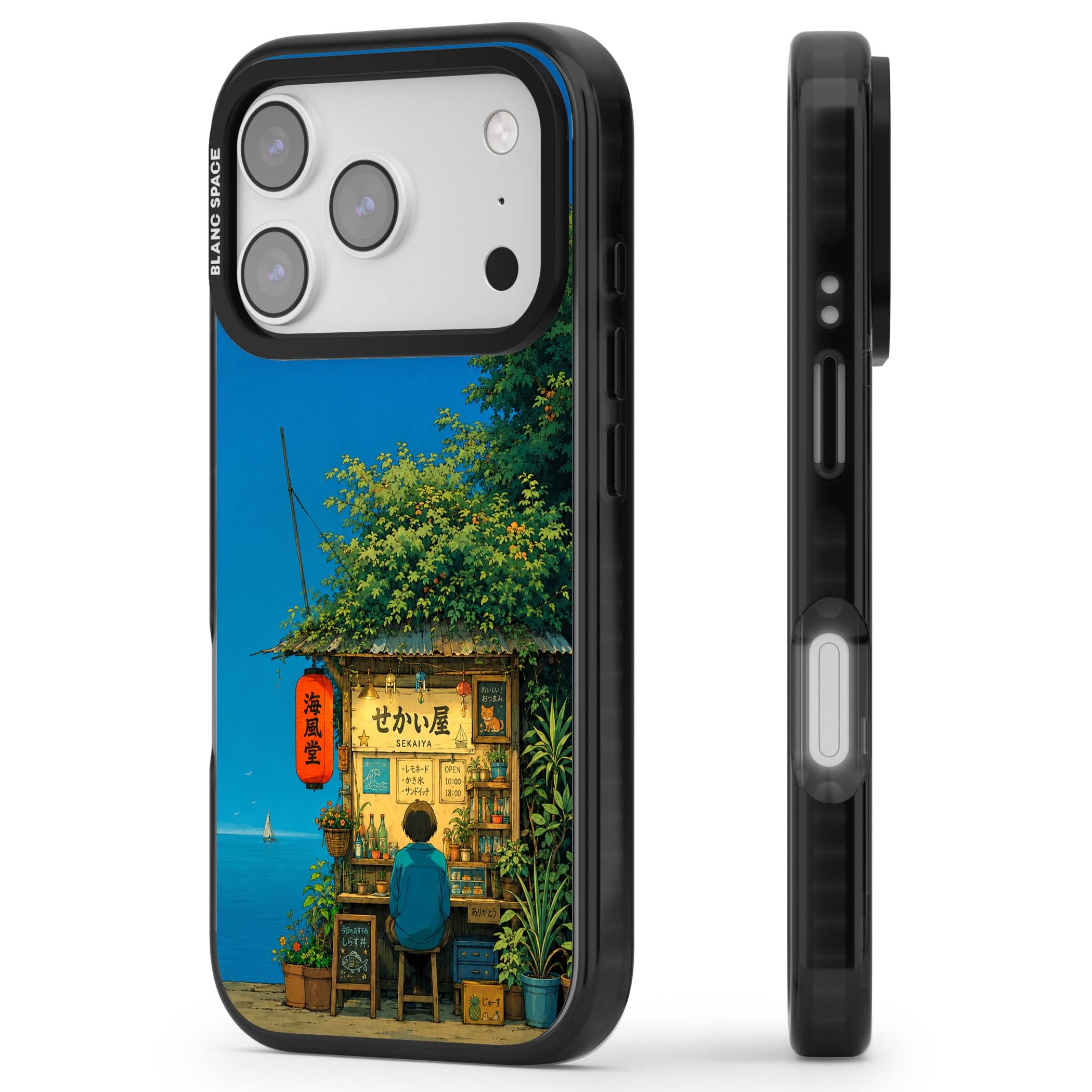 The Shirahama Kiosk anime iPhone case featuring a Japanese seaside shop, red paper lantern and ocean view | Clear Impact case for iPhone 17 Pro, iPhone 17 Pro Max