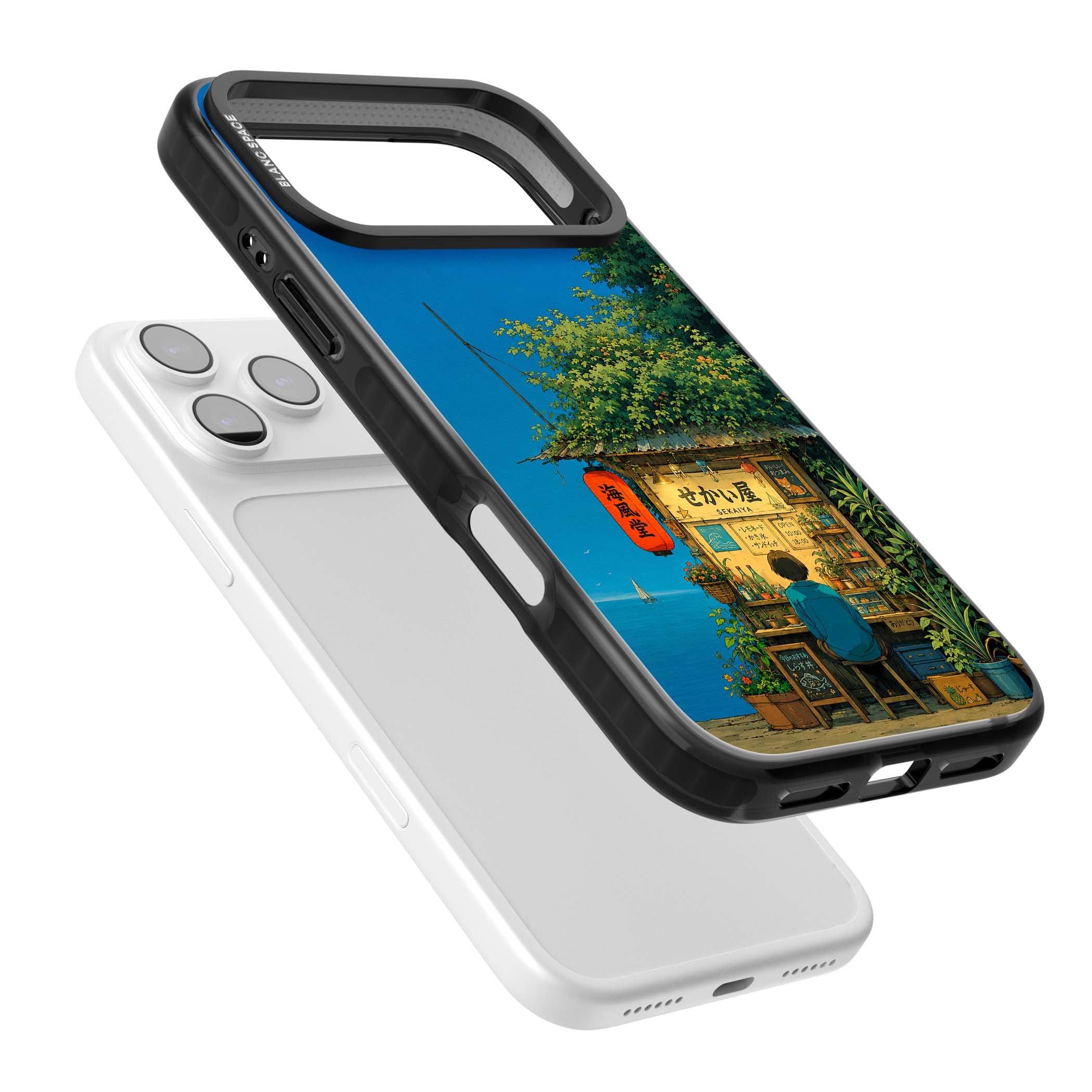 The Shirahama Kiosk anime iPhone case featuring a Japanese seaside shop, red paper lantern and ocean view | Clear Impact case for iPhone 17 Pro, iPhone 17 Pro Max