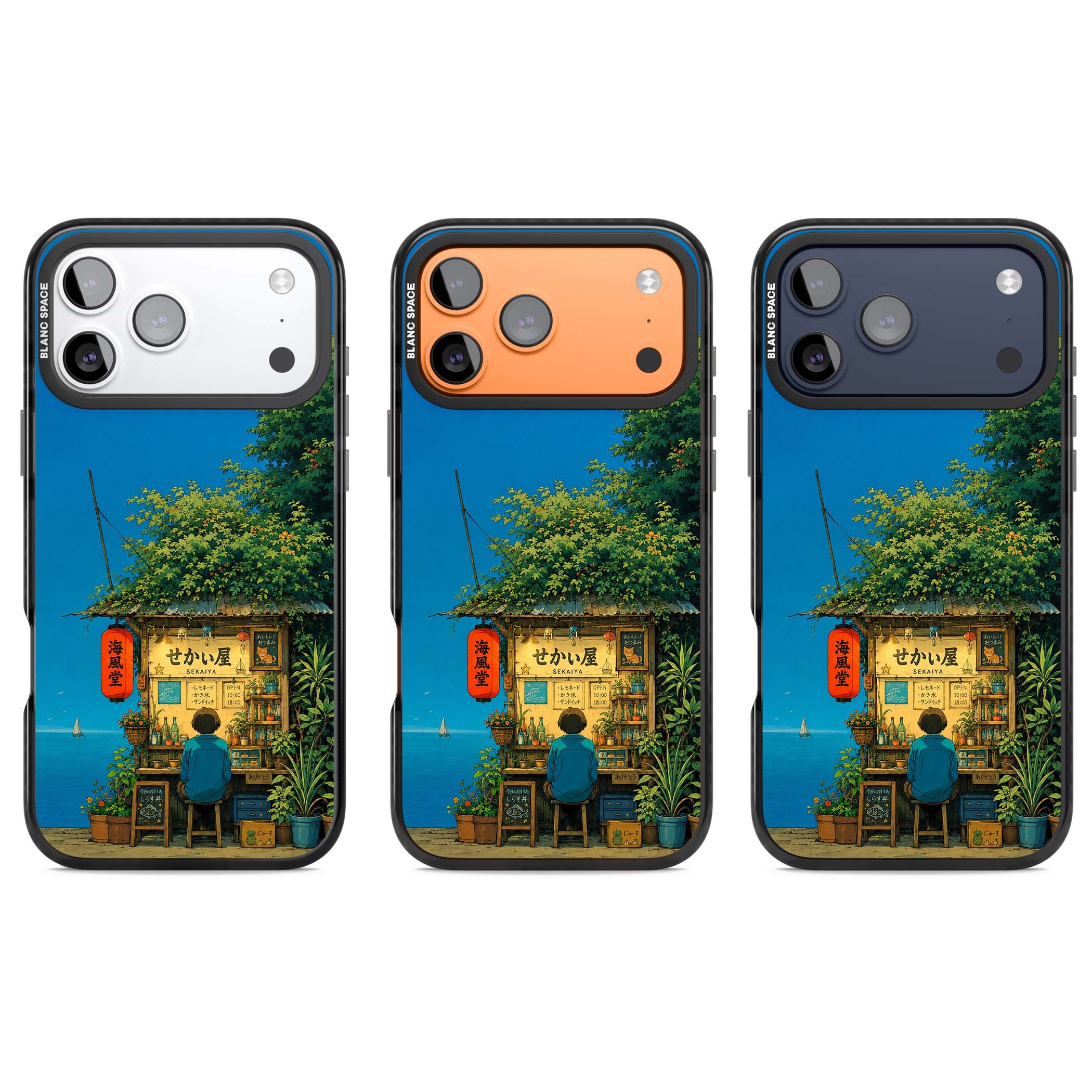 The Shirahama Kiosk anime iPhone case featuring a Japanese seaside shop, red paper lantern and ocean view | Clear Impact case for iPhone 17 Pro, iPhone 17 Pro Max