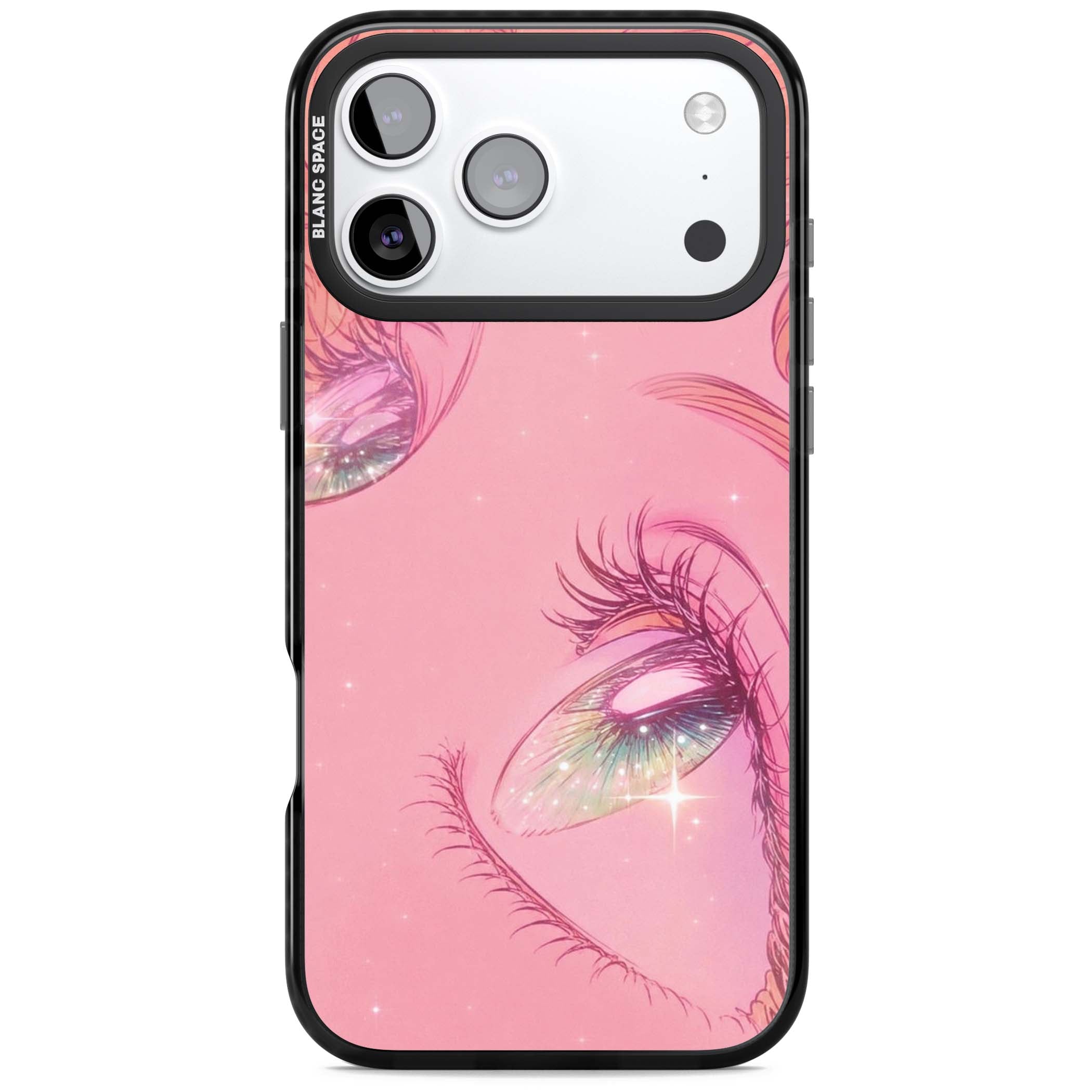 Pink Ethereal Gaze anime iPhone case featuring sparkling manga eyes, coral lashes and dreamy peach sky | Clear Impact case for iPhone 17 Pro, iPhone 17 Pro Max