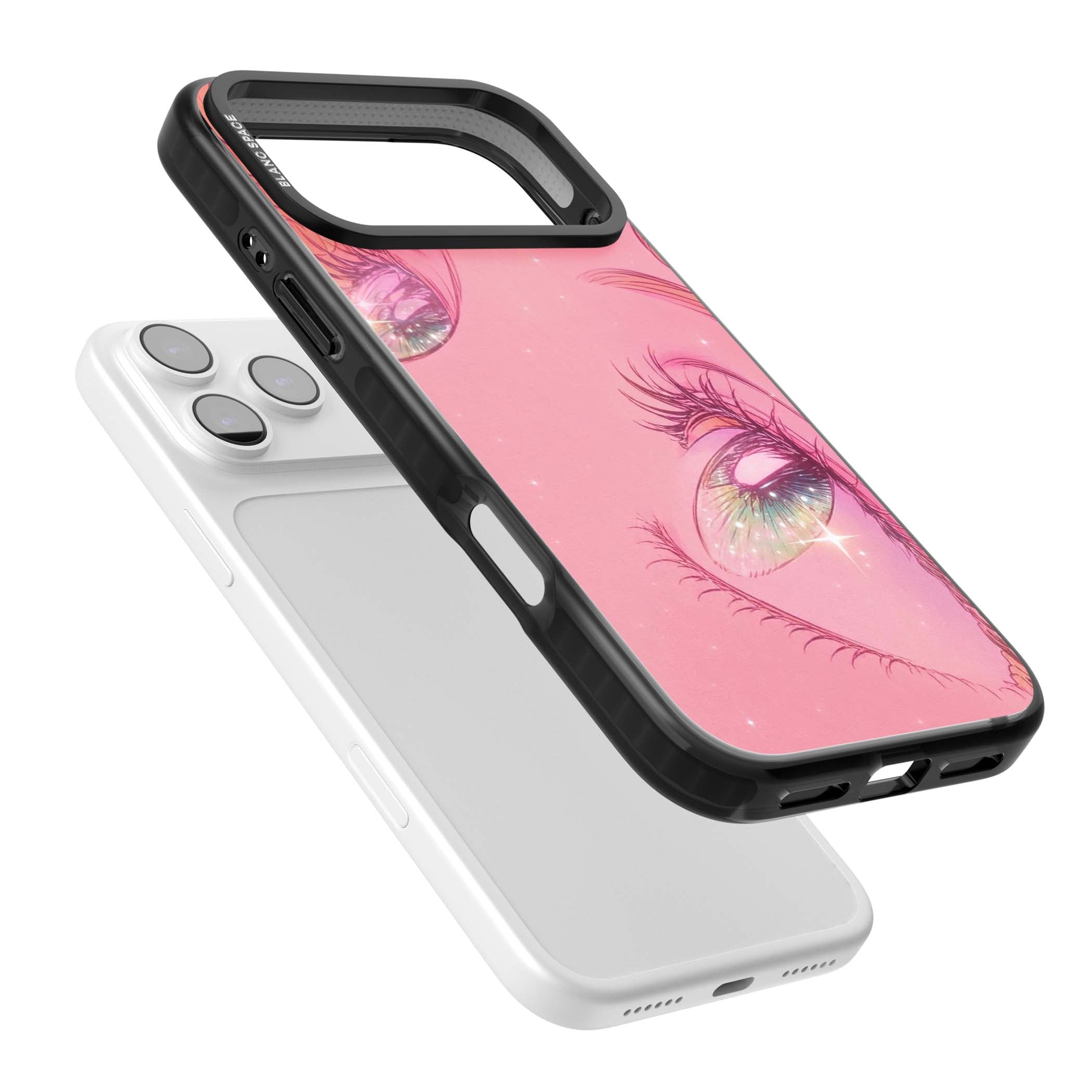 Pink Ethereal Gaze anime iPhone case featuring sparkling manga eyes, coral lashes and dreamy peach sky | Clear Impact case for iPhone 17 Pro, iPhone 17 Pro Max