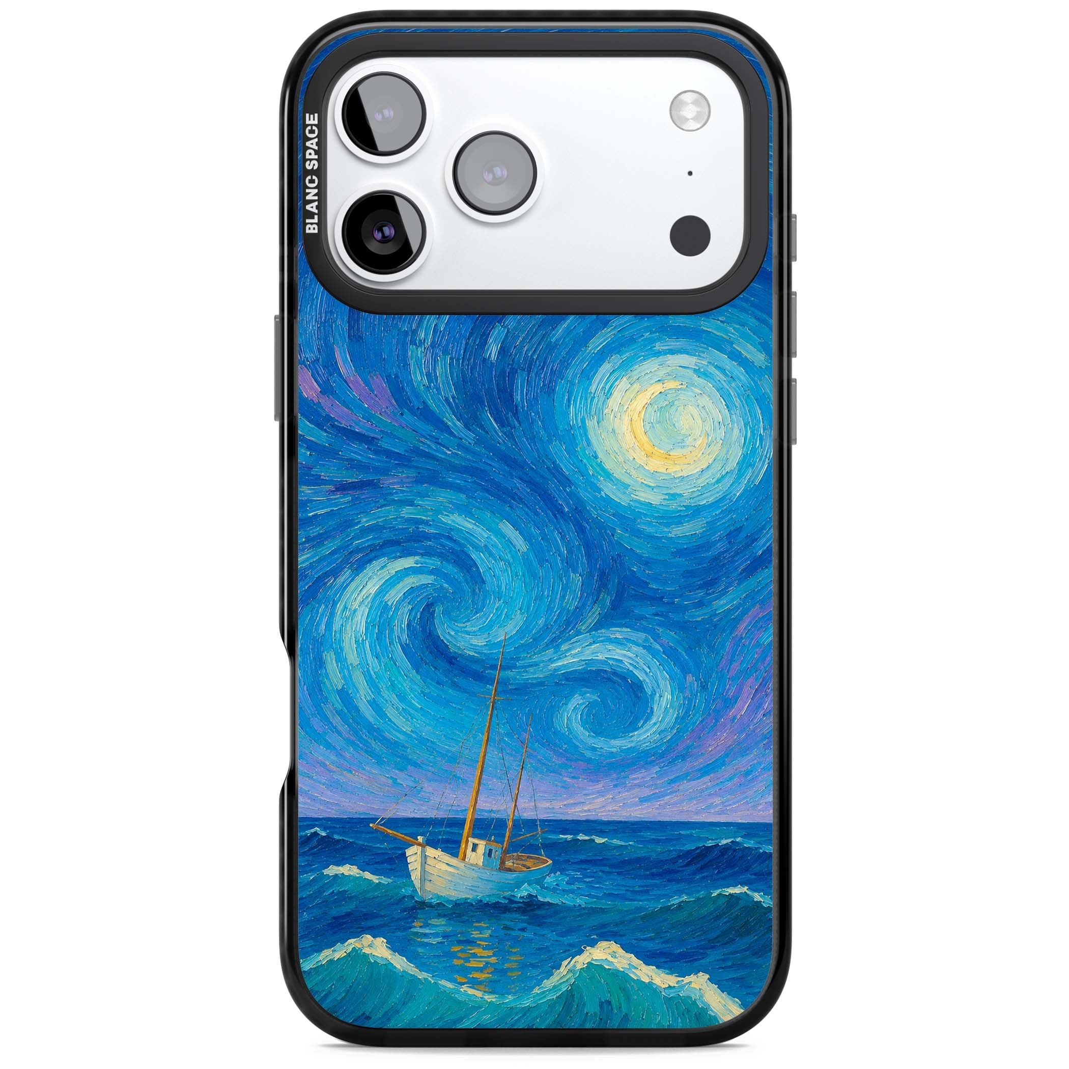 Moonlit Tide Van Gogh art iPhone case featuring swirling starry night sky, glowing moon and lone sailing boat at sea | Clear Impact case for iPhone 17 Pro, iPhone 17 Pro Max