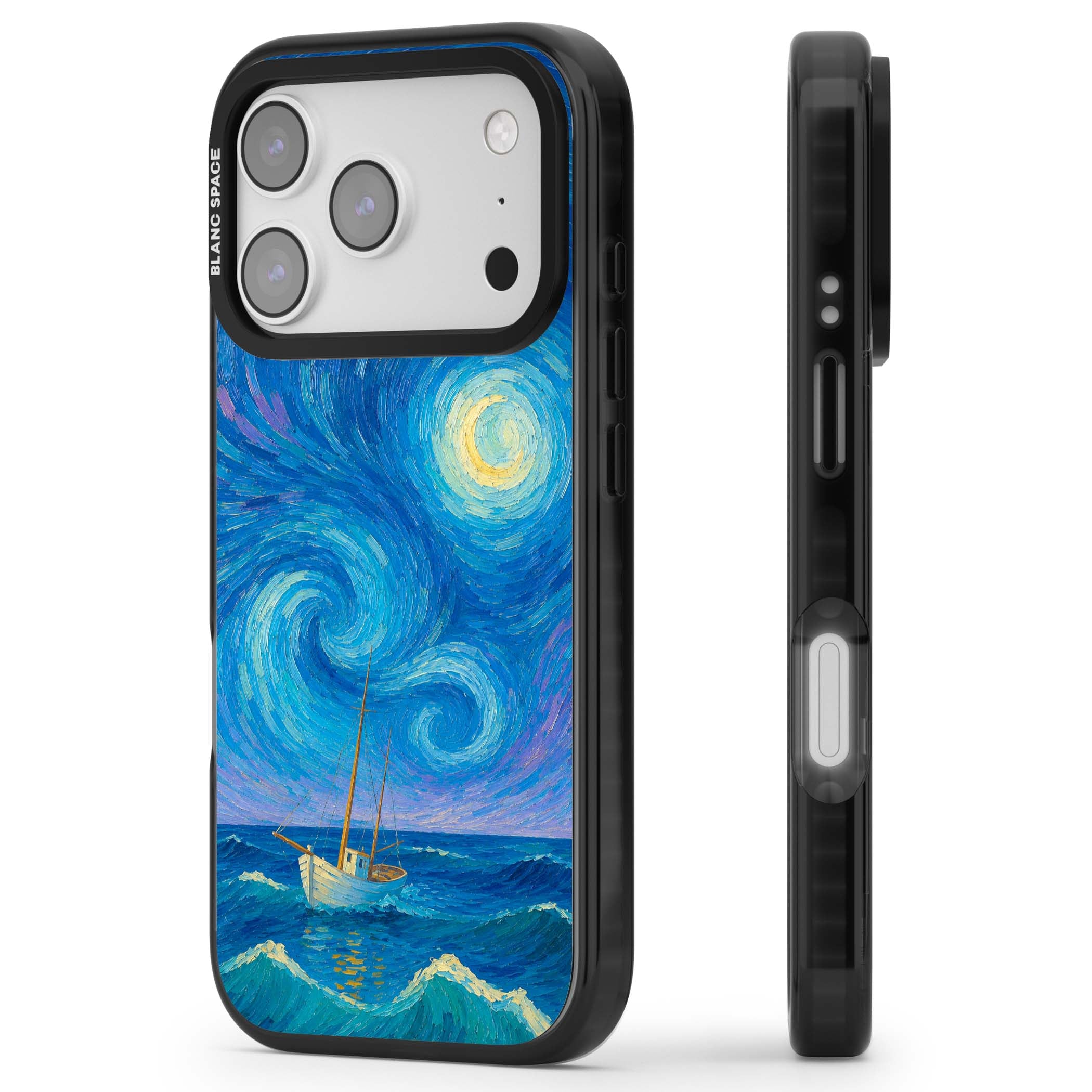 Moonlit Tide Van Gogh art iPhone case featuring swirling starry night sky, glowing moon and lone sailing boat at sea | Clear Impact case for iPhone 17 Pro, iPhone 17 Pro Max